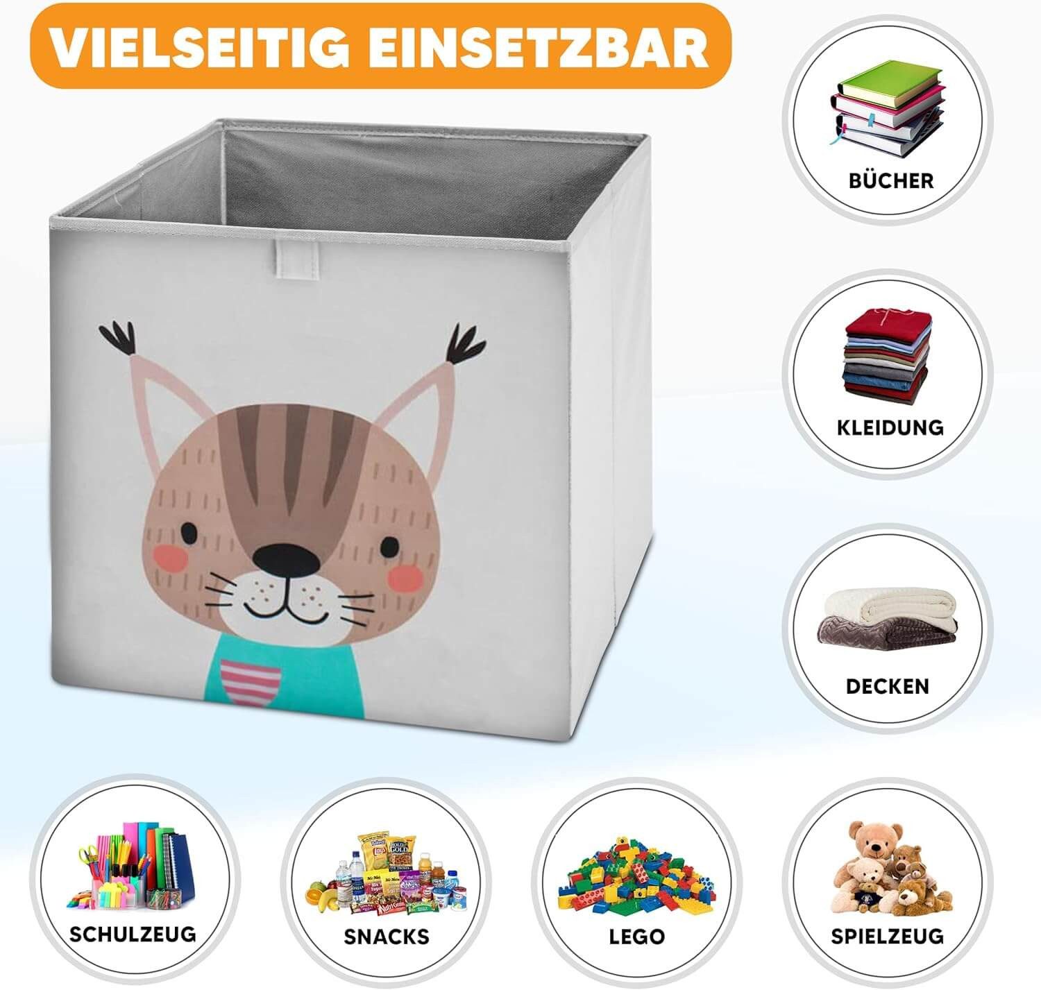trends4cents Aufbewahrungsbox Aufbewahrungsboxen 2er Set Kinder – Kallax Einsatz – Bär & Katze (2 St), faltbar, stabile Wände, Schlaufen zum Herausnehmen, pflegeleicht