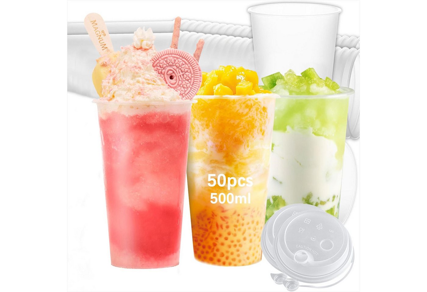 KingLux Mehrwegbecher 50 Stück 500ml Partybecher Set mit Deckel für Getränke und Events, Polypropylen, (50-tlg., 50stk.Partybecher Set), mit Deckel