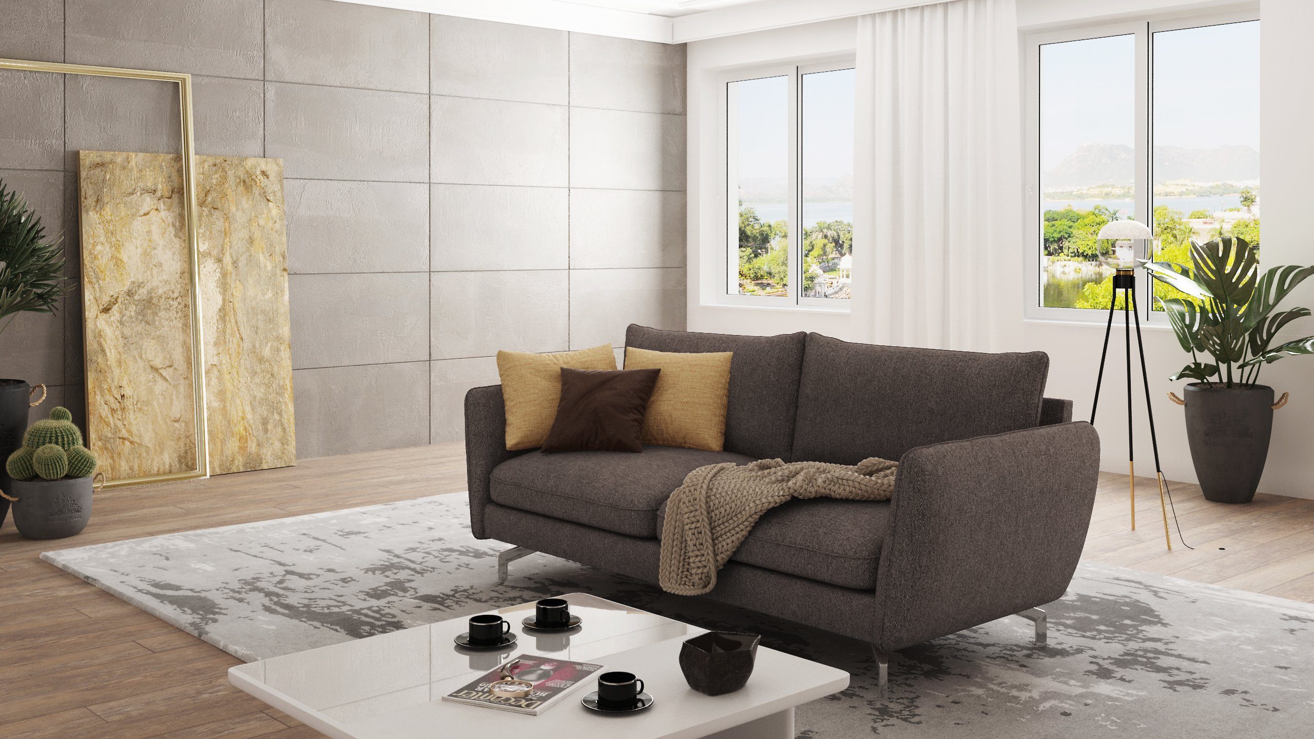 Möbel 3-Sitzer mit - Silber Benita Modernes Sofa Braun Metall mit S-Style Wellenfederung Füßen, Khaki