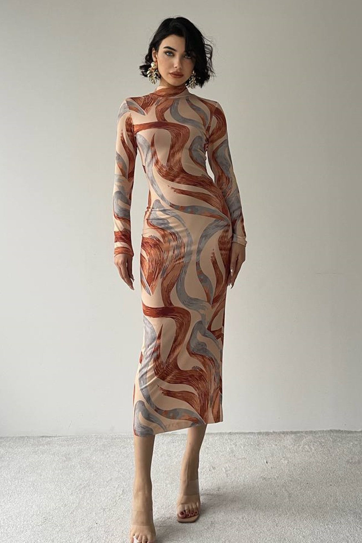 WOMAN VISION Abendkleid Midikleid mit geometrischem Muster und Digitaldruck, hohem Kragen – Bild 5 von 5