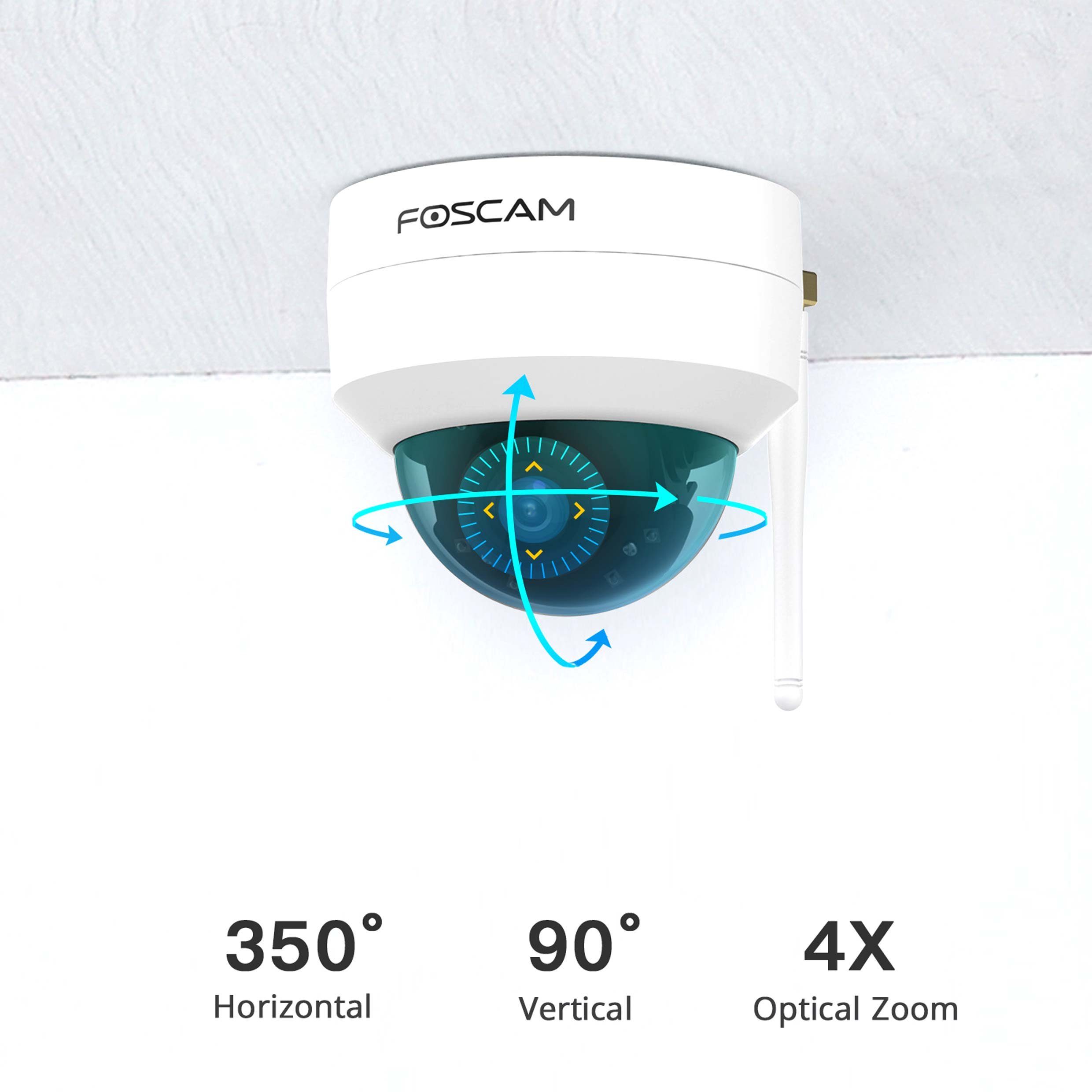 Foscam Überwachungskamera Foscam D4Z 4MP Dual-Band WLAN PTZ Dome Überwachungskamera (Außenbereich, Innenbereich, Vorinstallierte 64 GB microSD-Karte, Intelligente Erkennung, Nachtsicht, Wetter- und Vandalismusschutz)