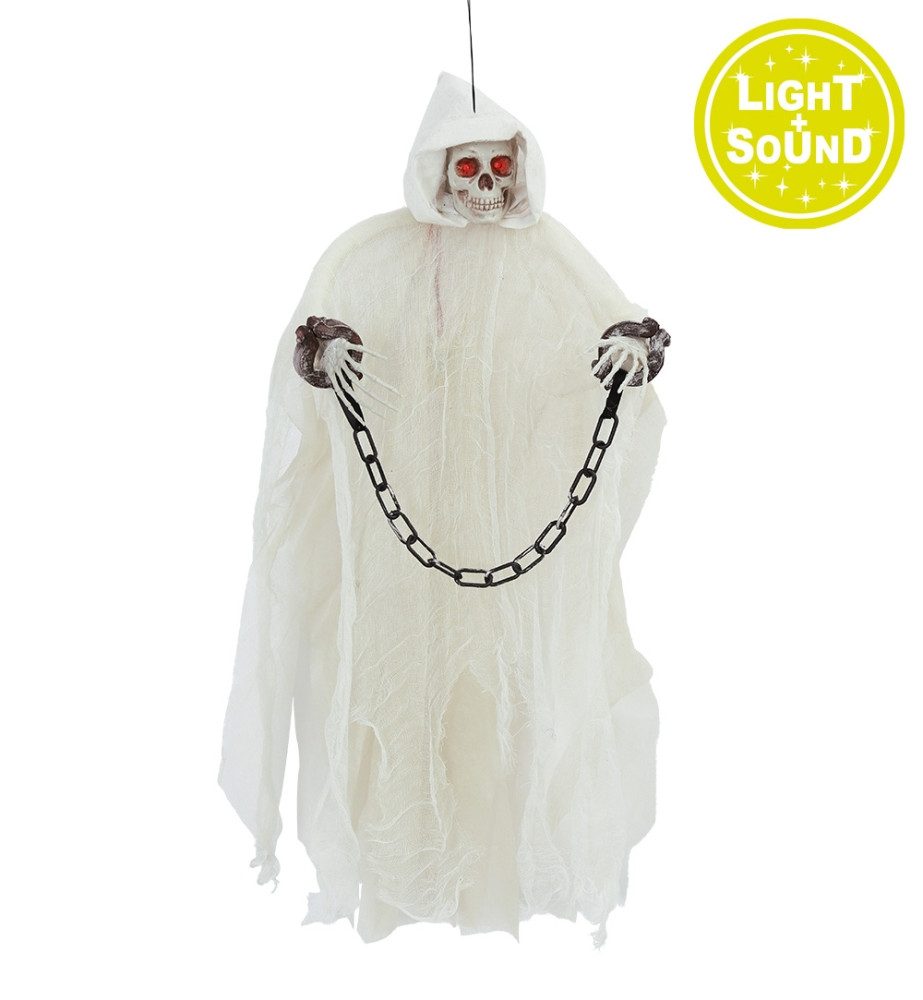 Fries Hängedekoration Halloween Deko Totenkopf Hänger 90 cm Licht und Sound Bewegliche Hände, Größe: ca. 90 cm Hoch, 71 cm Breit und 9 cm Tief