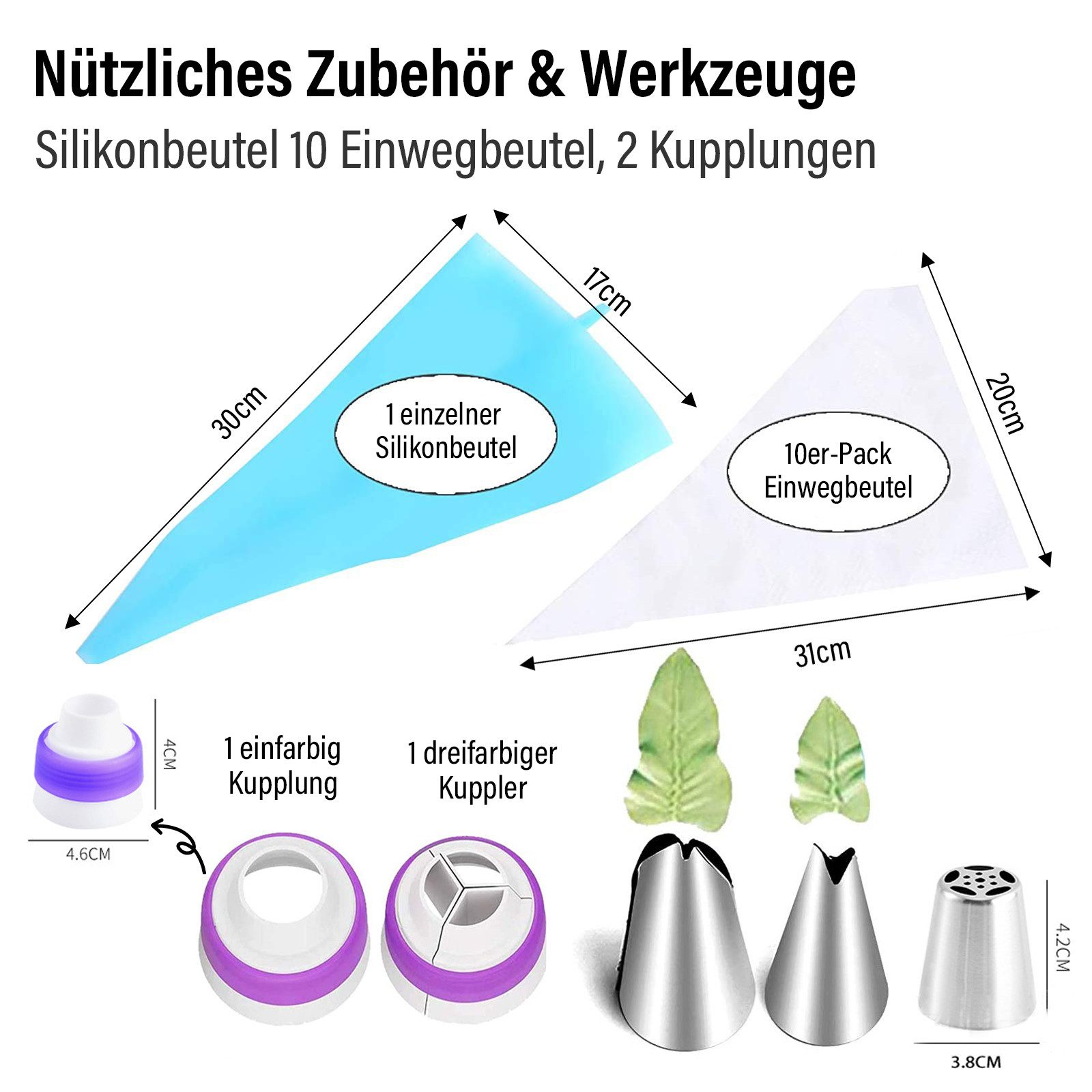 MOPUEA Spritzbeutel Russische Spritztüllen und 1 Profi-Spritzbeutel 20cm Backzubehör (Deko-Set mit Edelstahl-Garniertüllen waschbar, Wiederverwendbar, 27-tlg.,  – Bild 2 von 5