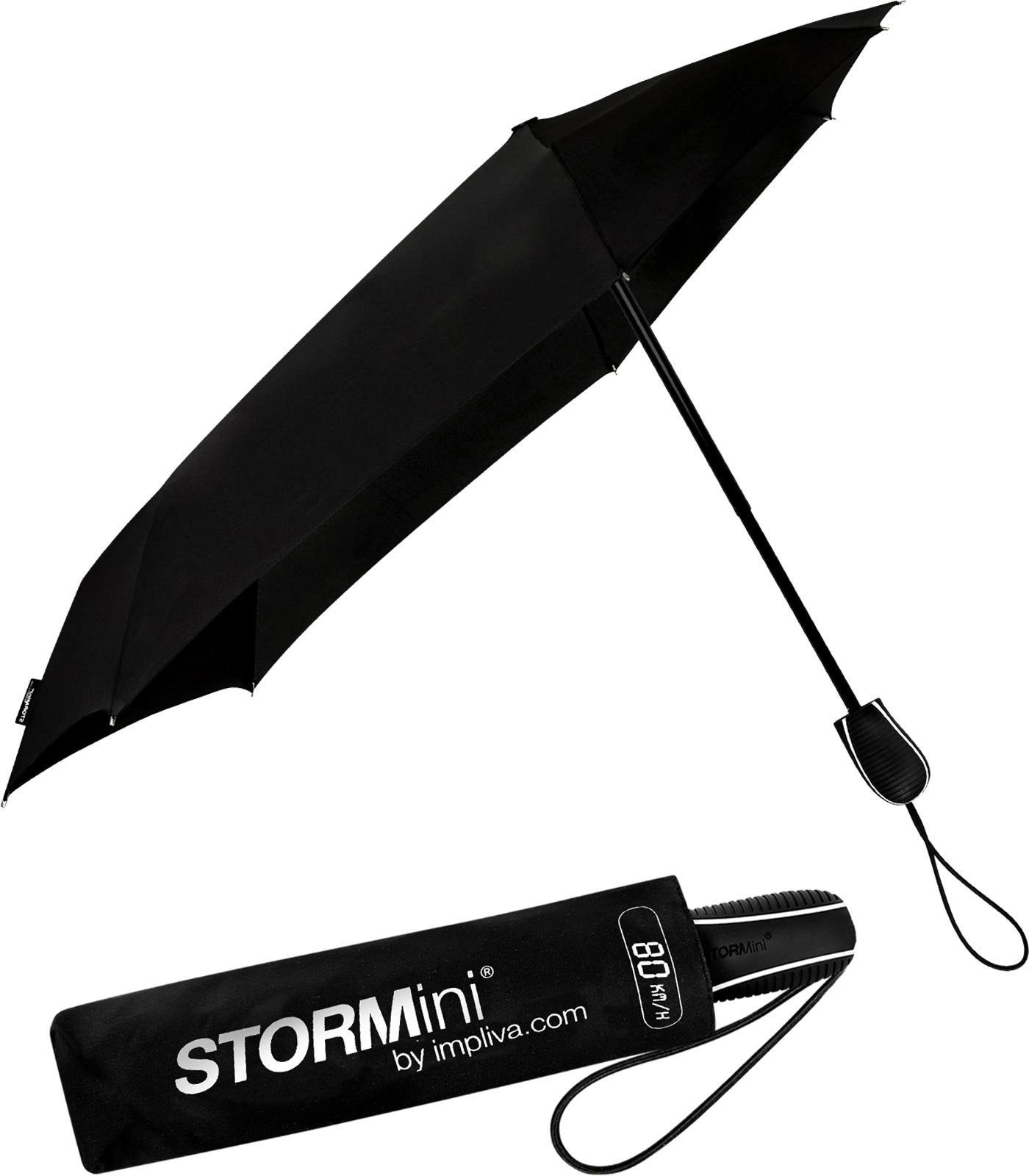 Wind, zu aerodynamischer 80 schwarz besondere seine in km/h Form durch hält Schirm Impliva STORMini bis Sturmschirm, dreht Taschenregenschirm der sich aus den