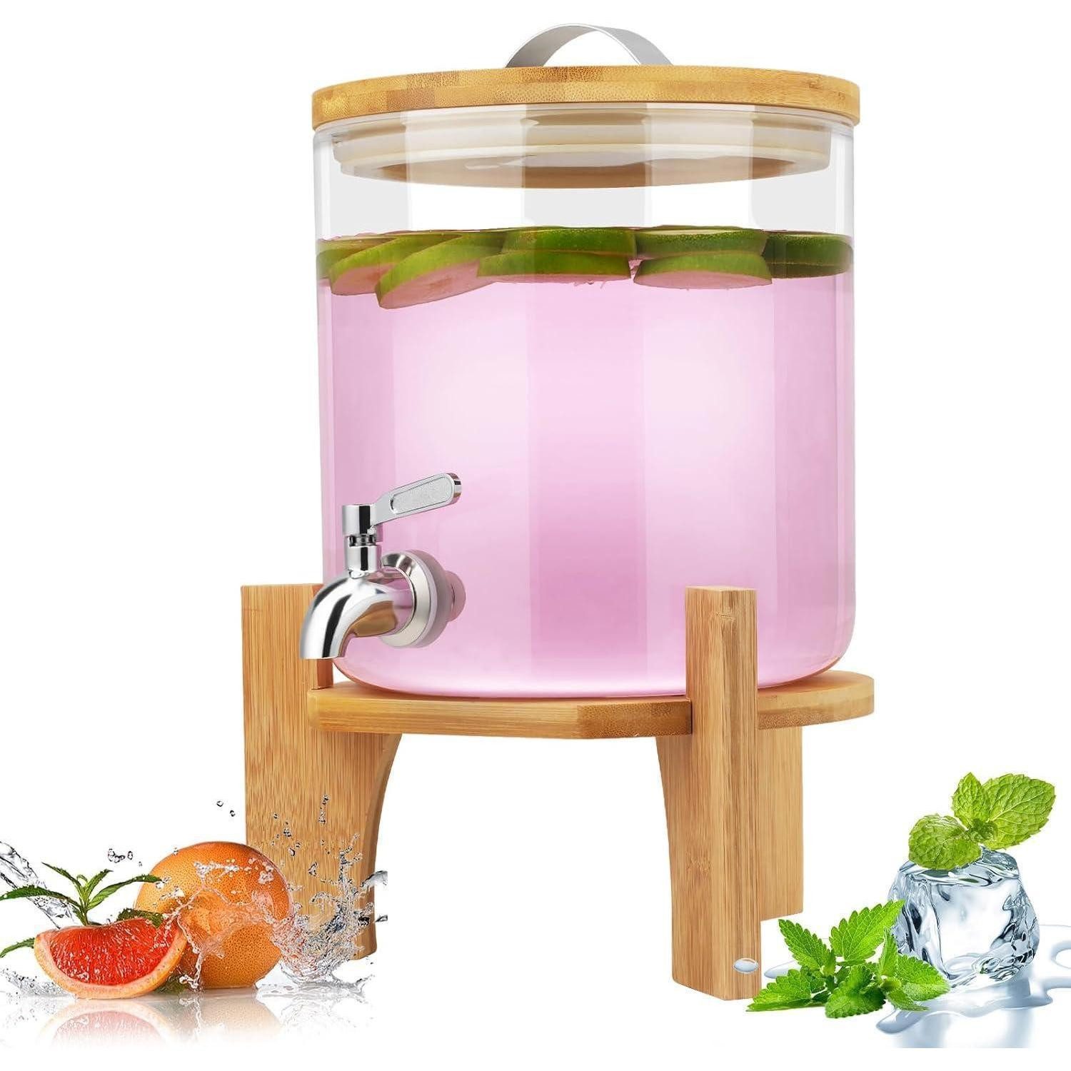 LuxusKollektion Getränkespender Getränkespender 5L Glas Hahn 5L-Glas mit Ständer aus Bambus