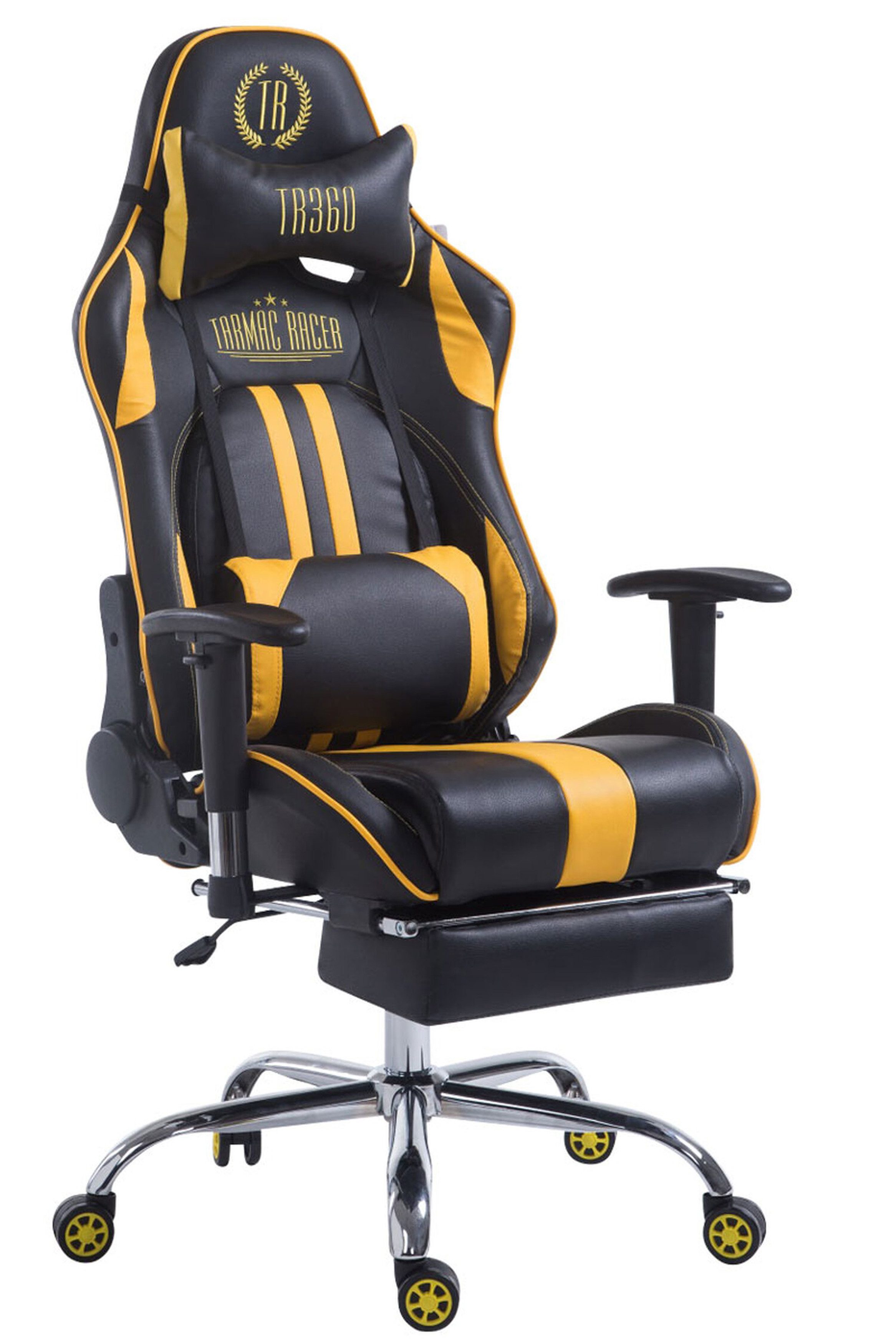 TPFLiving Gaming-Stuhl Limitless mit bequemer Rückenlehne - höhenverstellbar und 360° drehbar (Schreibtischstuhl, Drehstuhl, Gamingstuhl, Racingstuhl, Chefsessel), Gestell: Metall chrom - Sitzfläche: Kunstleder Schwarz/Gelb