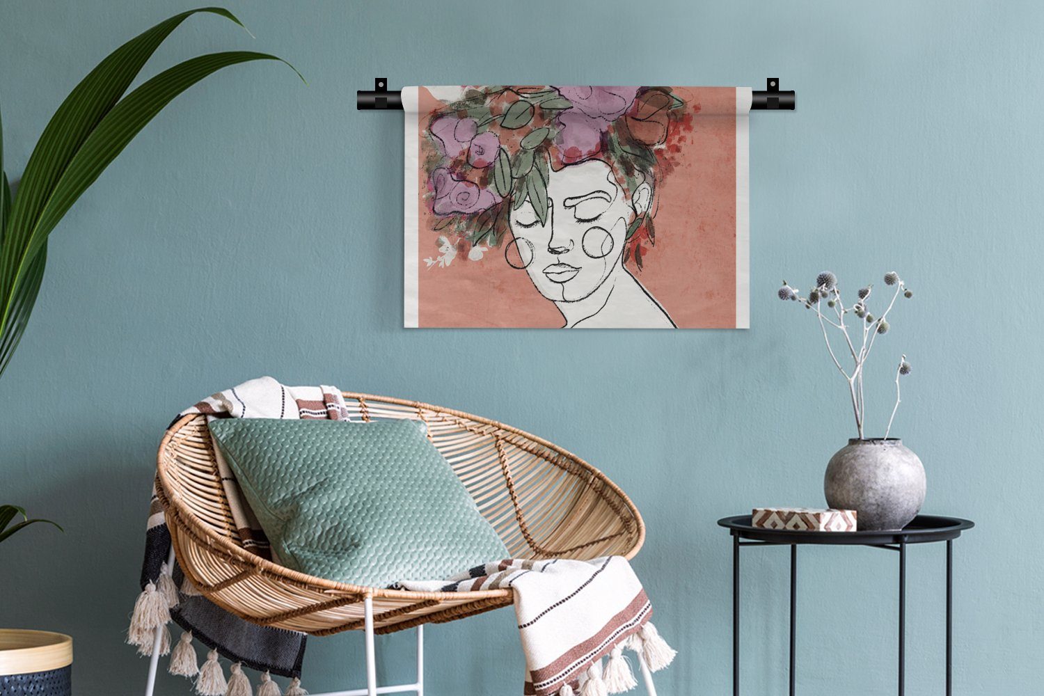 Porträt Wohnzimmer, Kleid, Wanddekoobjekt Pastell, MuchoWow Kinderzimmer Frau - für Wandbehang, - Schlafzimmer, - Blumen Wanddeko