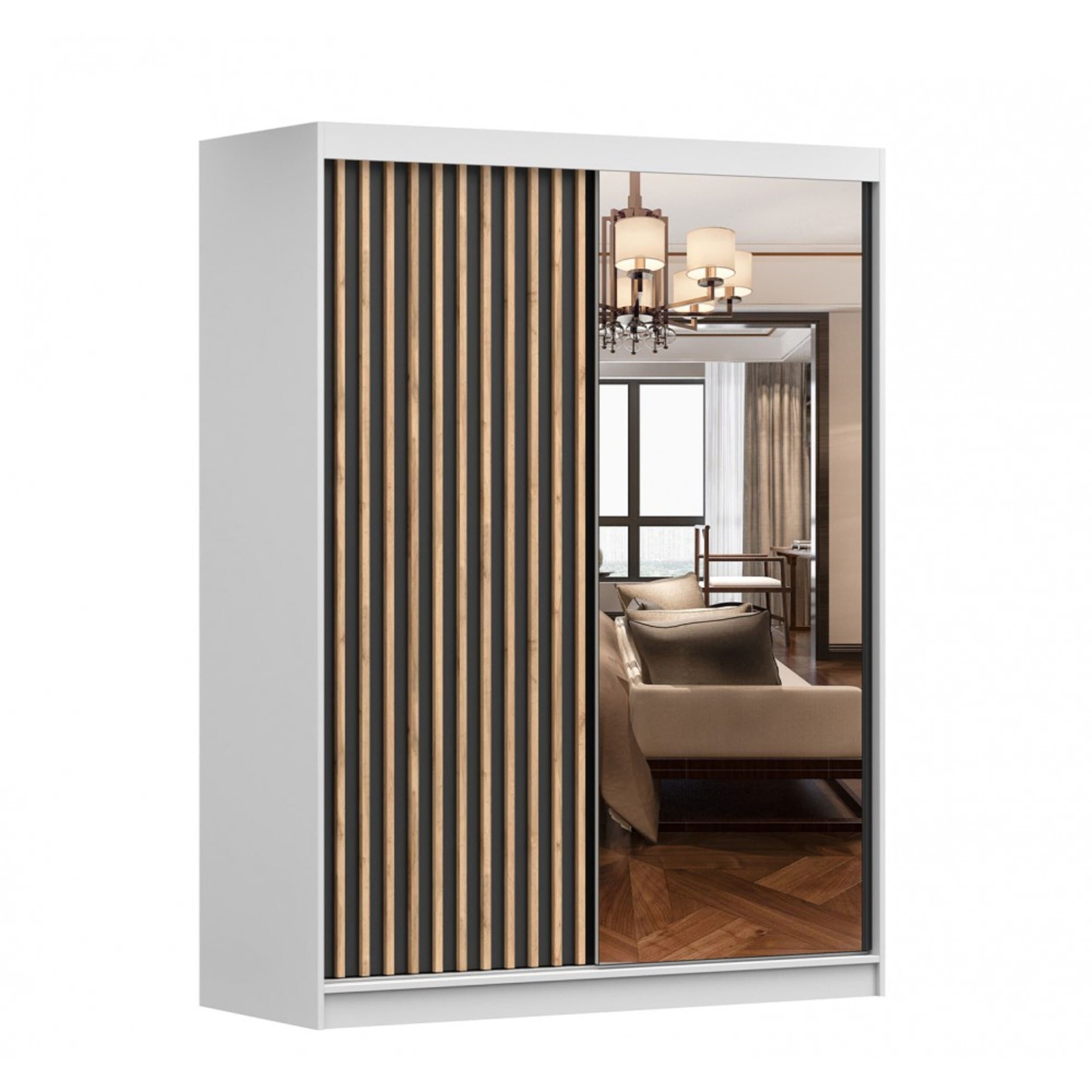 MOEBLO Kleiderschrank LABI (Schiebetür-Kleiderschrank mit Spiegel & Holzdekor, Schwebetürenschrank 2-türig Schrank mit Einlegeböden und Kleiderstange) -(BxHxT): 150x200x61 cm