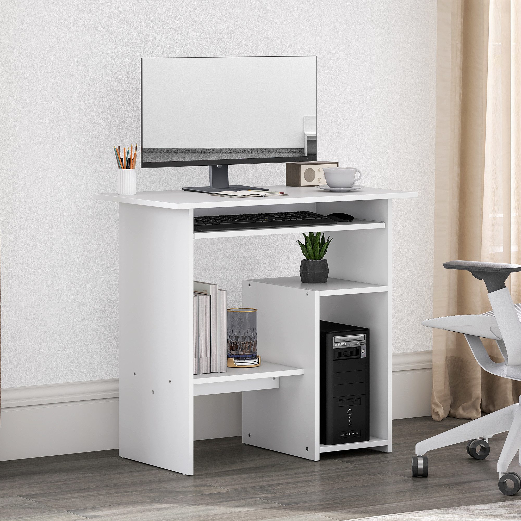 HOMCOM Computertisch mit Tastaturablage, offenen Fächern und Ablageflächen (Bürotisch, 1-St., Schreibtisch), 80 x 45 cm, für Home Office, Schlafzimmer, Weiß