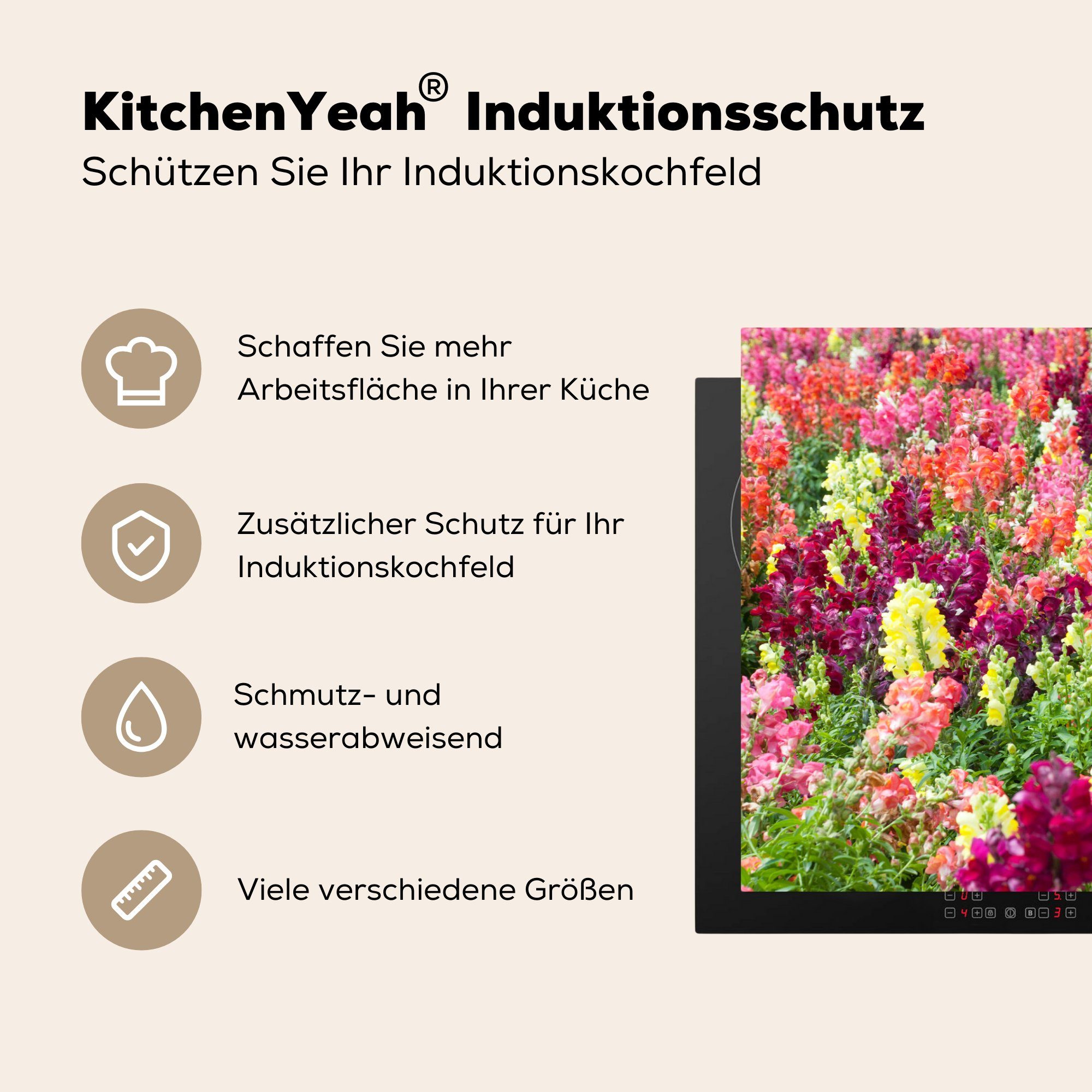 MuchoWow Herdblende-/Abdeckplatte Vinyl, Induktionskochfeld einem cm, 81x52 Bunte Schutz Löwenmäulchen die Feld, für auf Ceranfeldabdeckung küche, tlg), (1