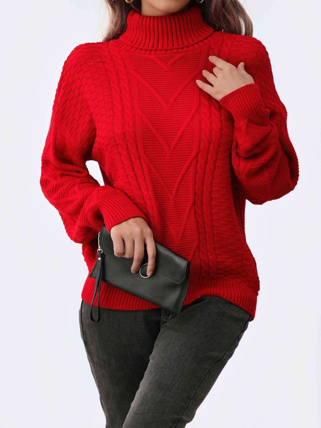 AUKUU Shirt, Leggings, Jäckchen & Mütze Rollkragenpullover  Rollkragen-Langarmpullover für Damen im Herbst und Winter (rot) (1-tlg)