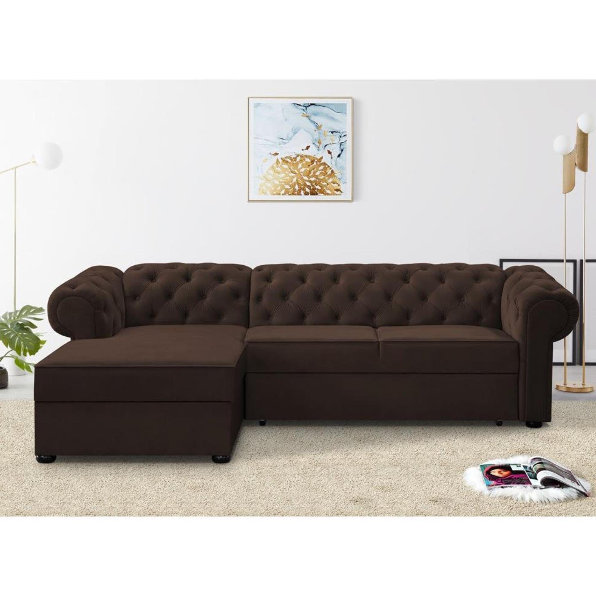 Beautysofa Polsterecke Chester, stilvoll Corner Sofa aus Velours, mit Relaxfunktion, mit Bettkasten Braun (kronos 06)