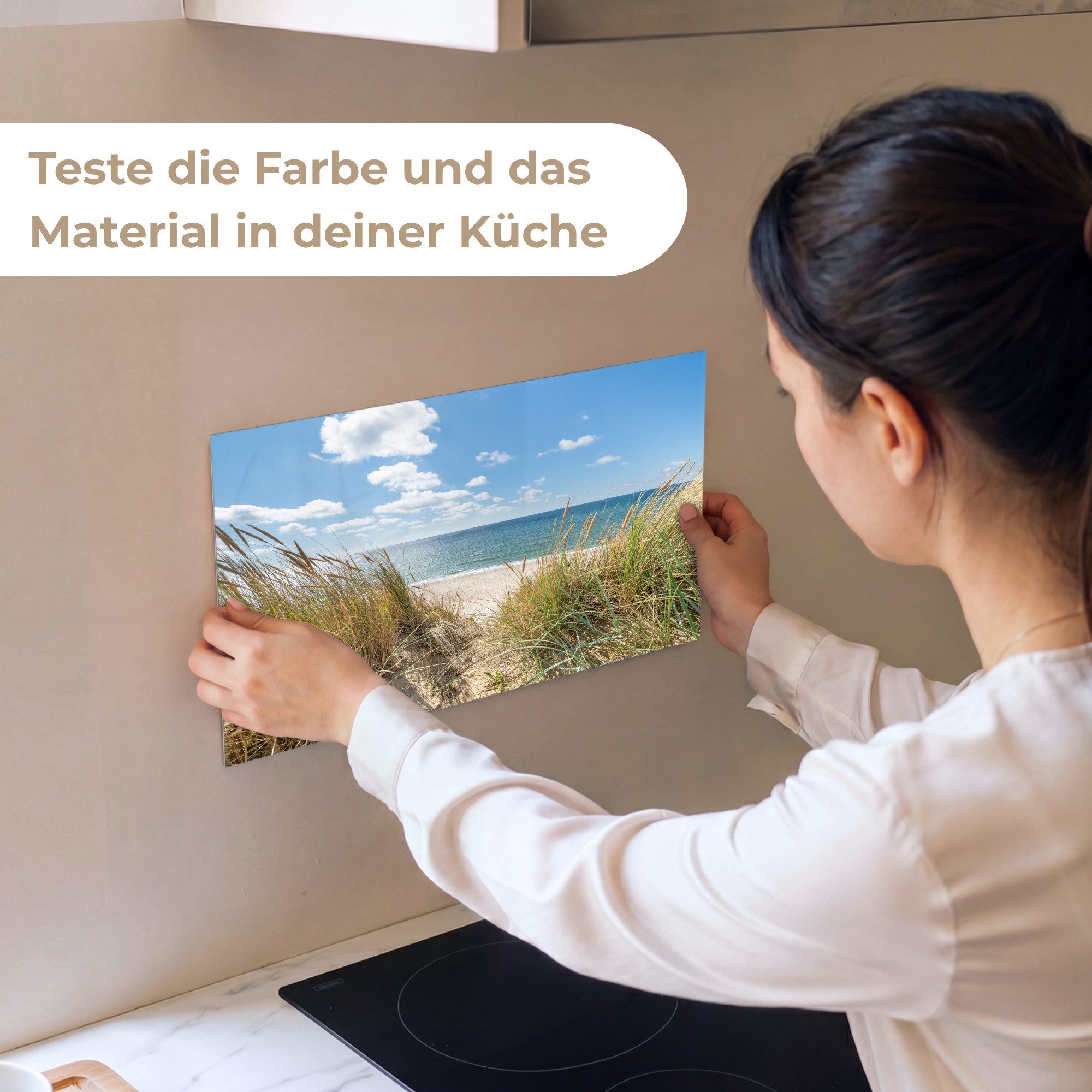 KitchenYeah Küchenrückwand Muster selbstklebend (keine Folie) Düne - Gras - Meer - Strand, (1-tlg), Spritzschutz, Küche, Rückwand, Küchenwand, Küchenfront, 30x20 cm