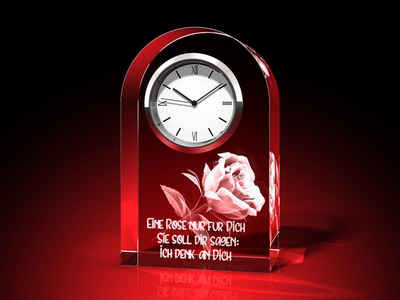 GLASFOTO.COM Tischuhr Rose + Ich denk an dich - Uhr, Glas rund Valentinstag (B x H x T) 60 x 95 x 40 mm, 550 g