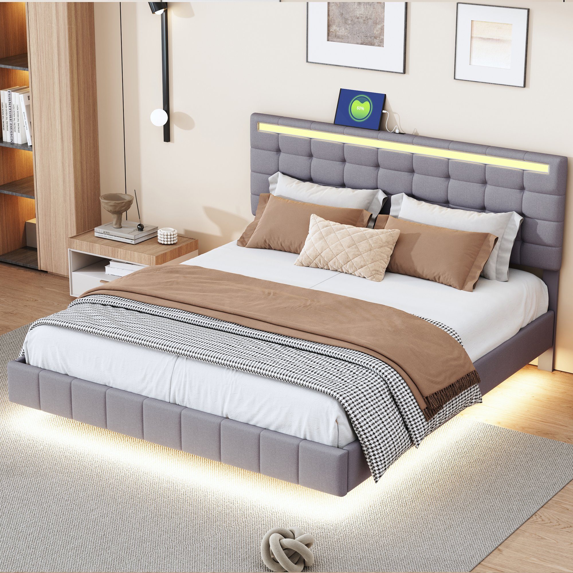 Polsterbett (LED Doppelbett), mit USB Ladefunktion und höhenverstellbarem Kopfteil 160x200cm, Leinen