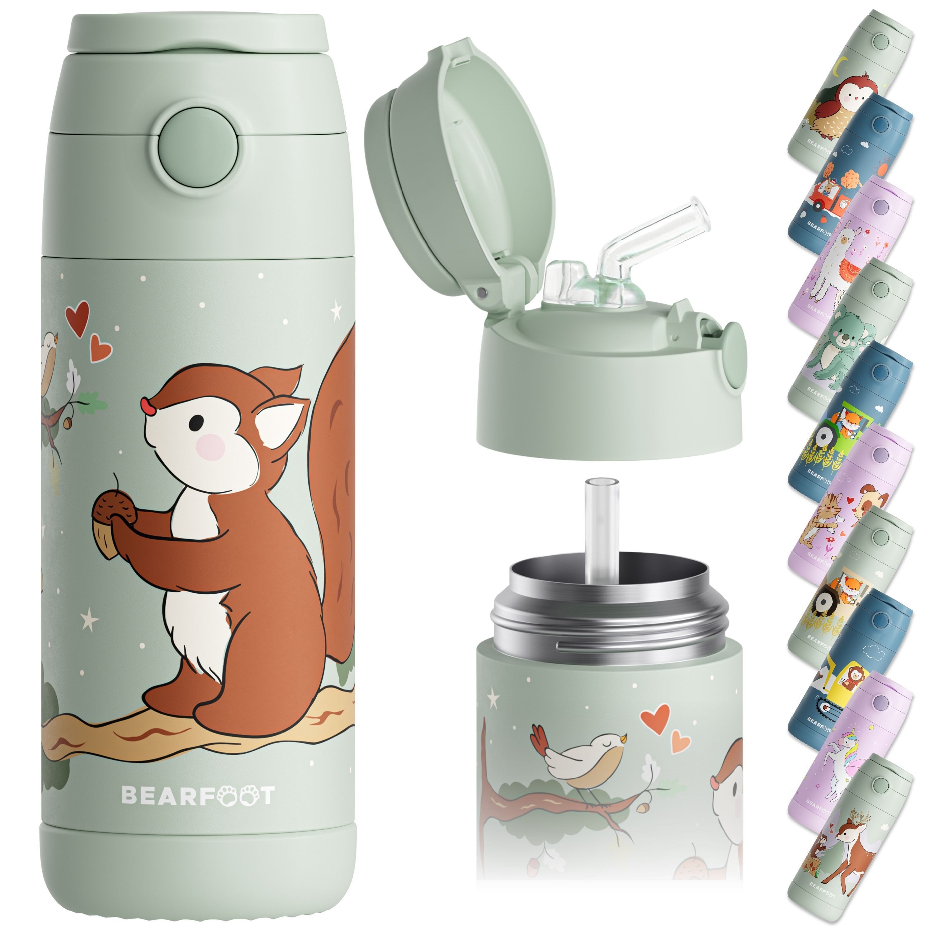 BEARFOOT Trinkflasche Thermo Kinder Trinkflasche Edelstahl - Eichhörnchen grün, Thermosflasche, auslaufsicher, Edelstahl, Kinderflasche, BPA-frei