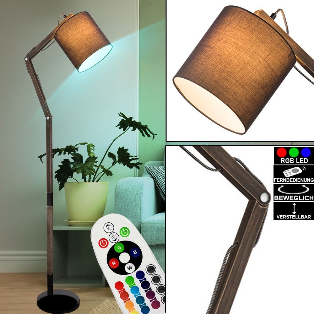 etc-shop LED Stehlampe, RGB LED Steh Leuchte Flur Holz Gelenk Decken Fluter Textil Schirm