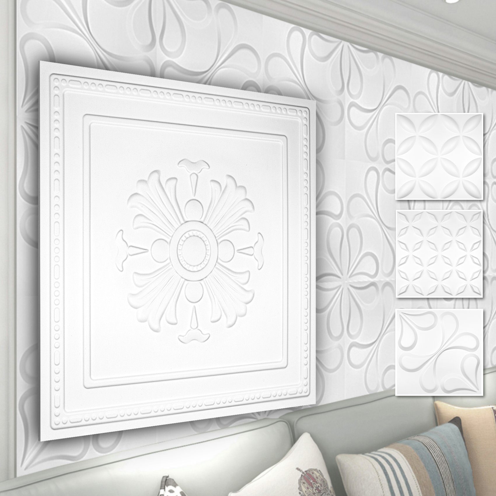 Hexim Wanddekoobjekt HD050 (PVC Kunststoff - weiße Wandverkleidung mit 3D Optik - Blumen Motive (2 qm 8 Platten) Kinderzimmer Wandtattoos Platten)