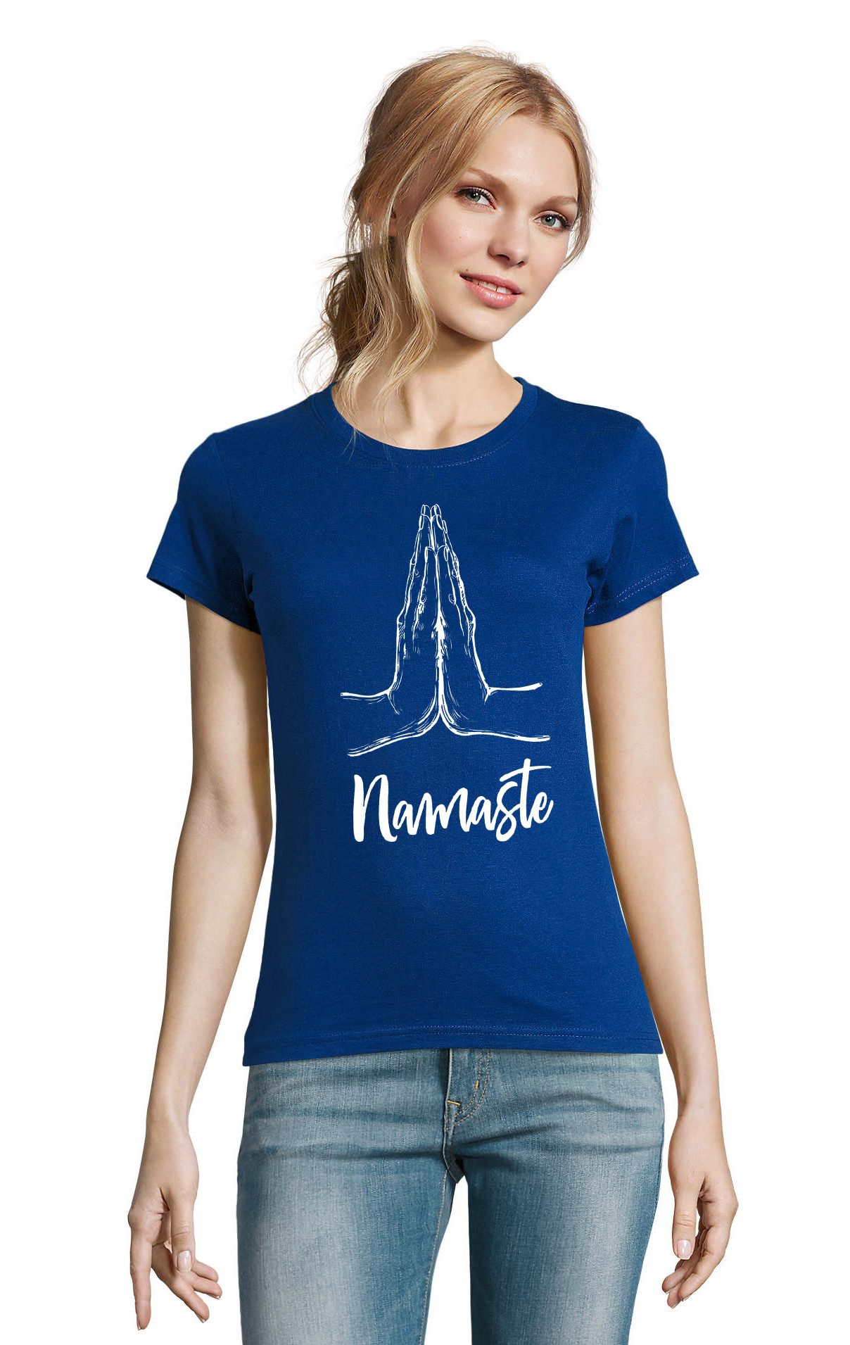 Blondie & Brownie T-Shirt Namaste Damen T Shirt Baumwolle Achtsamkeit Slim Fit Komfort Damen T Shirt Namaste Print Baumwolle Rundhals Slim Fit Freizeit