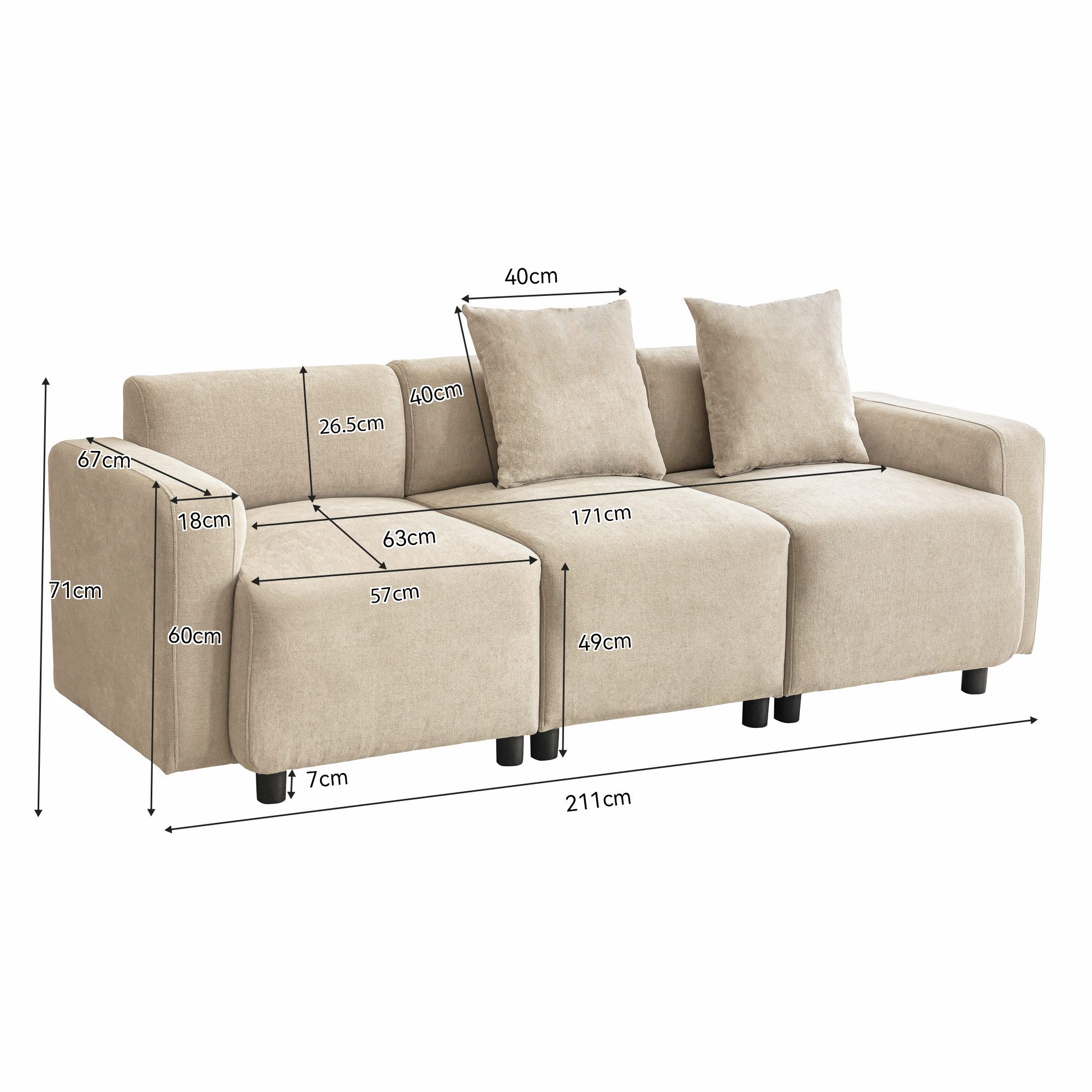 IDEASY Sofa 3-Sitzer-Sofa mit Dekokissen, Modernes minimalistisches Design, Sofabett für Wohnzimmer, Schlafzimmer, Heimkino, Gästezimmer