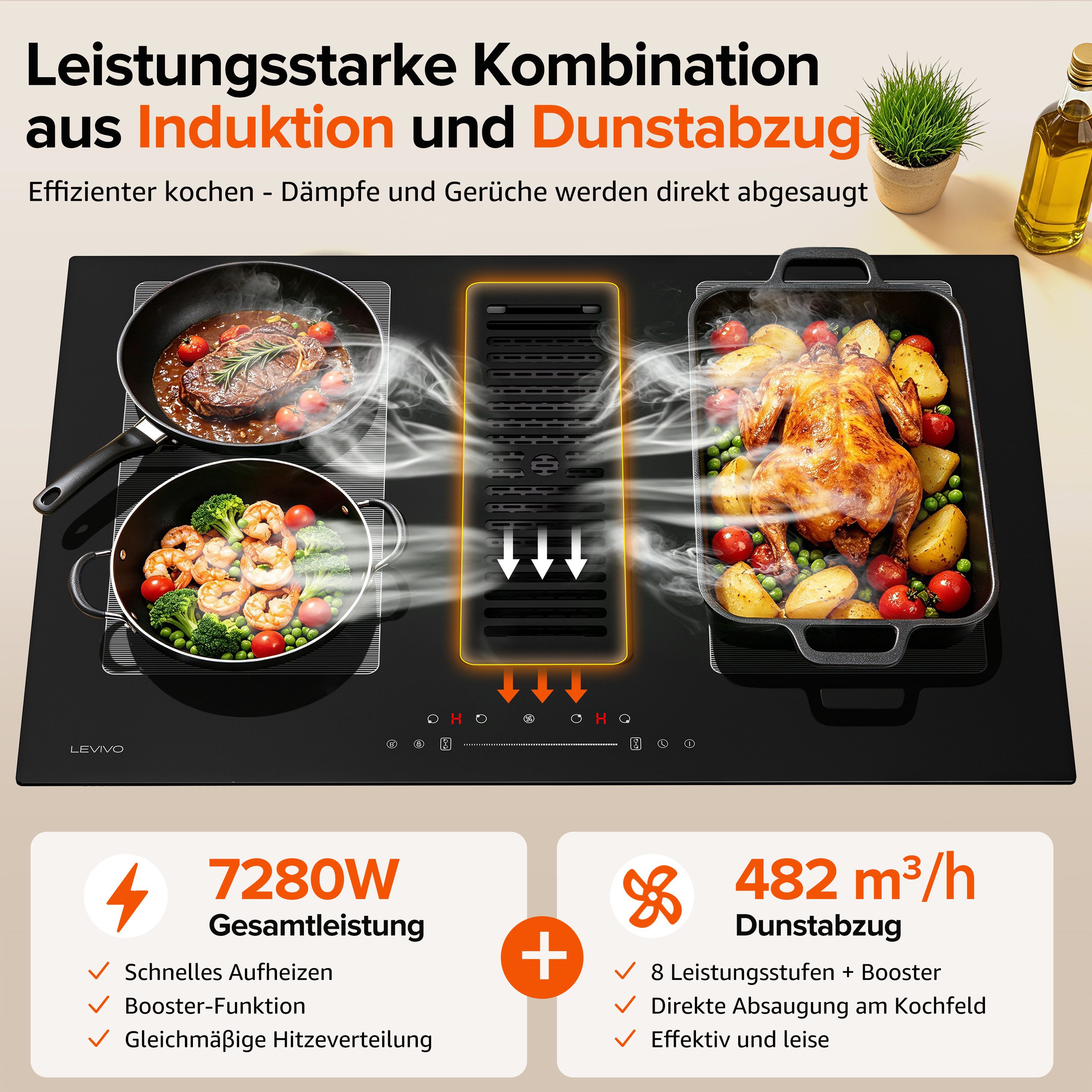 Levivo Induktions-Kochfeld Induktionskochfeld 77 cm mit 482 m³/h Dunstabzug, 9 Stufen & Booster, Touch-Control, Timer, Bridge Funktion, 7280 W