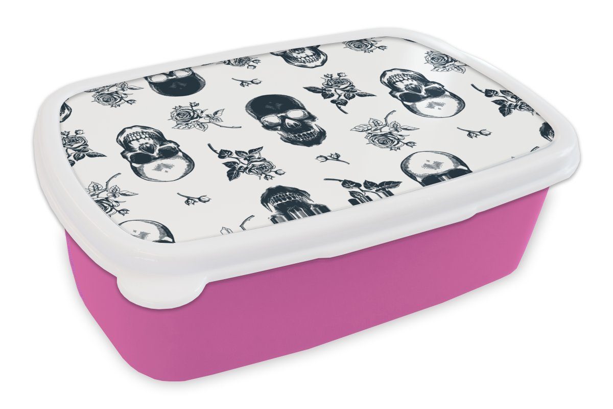 MuchoWow Lunchbox Teenager - Totenkopf - Rosen - Muster, Kunststoff, (2-tlg), Brotbox für Erwachsene, Brotdose Kinder, Snackbox, Mädchen, Kunststoff rosa