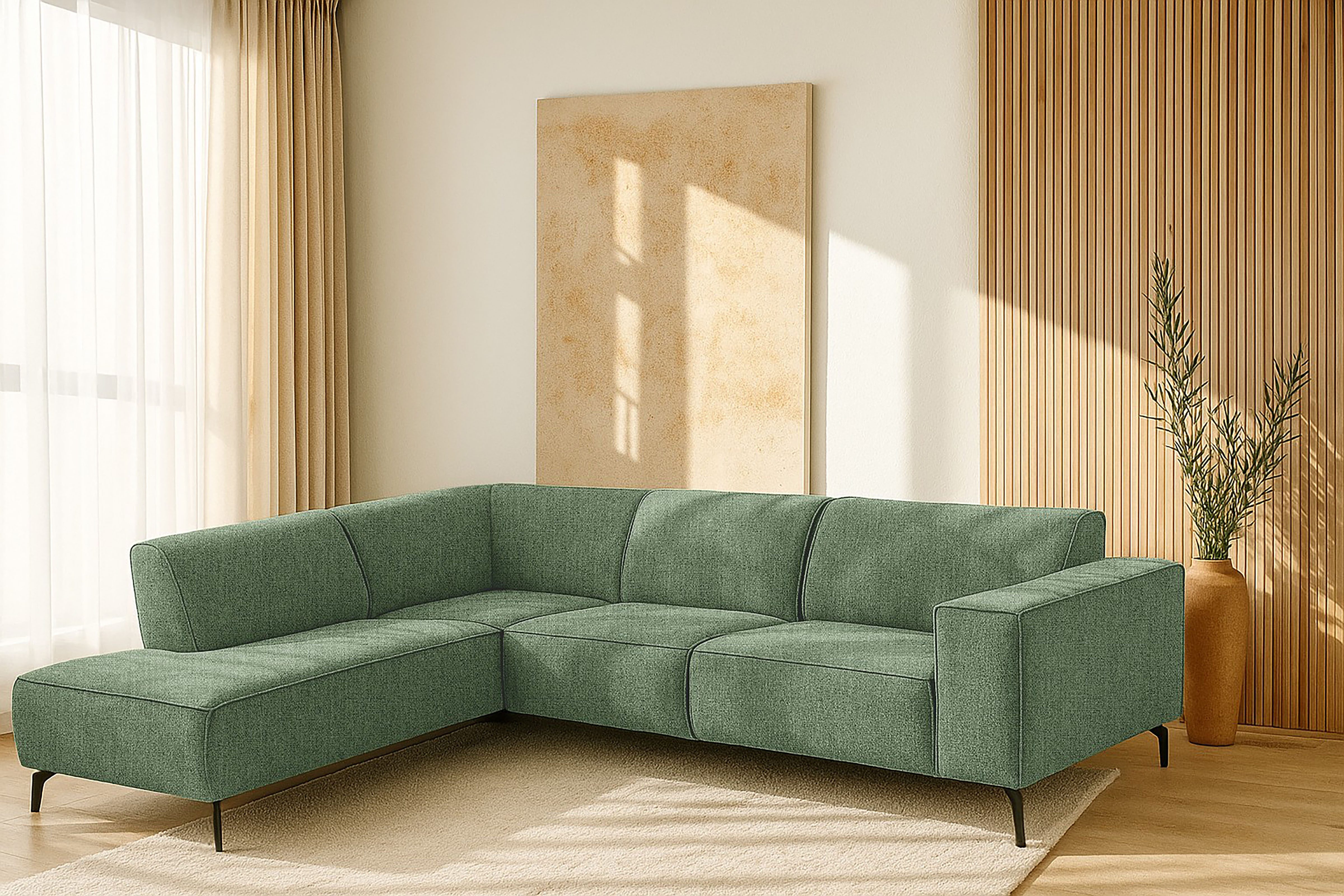 Places of Style Ecksofa Lorcan, Breite 275 cm, weiches Sitzgefühl, mit schwarzen Metallfüßen, Lederoptik und in weichem Strukturstoff
