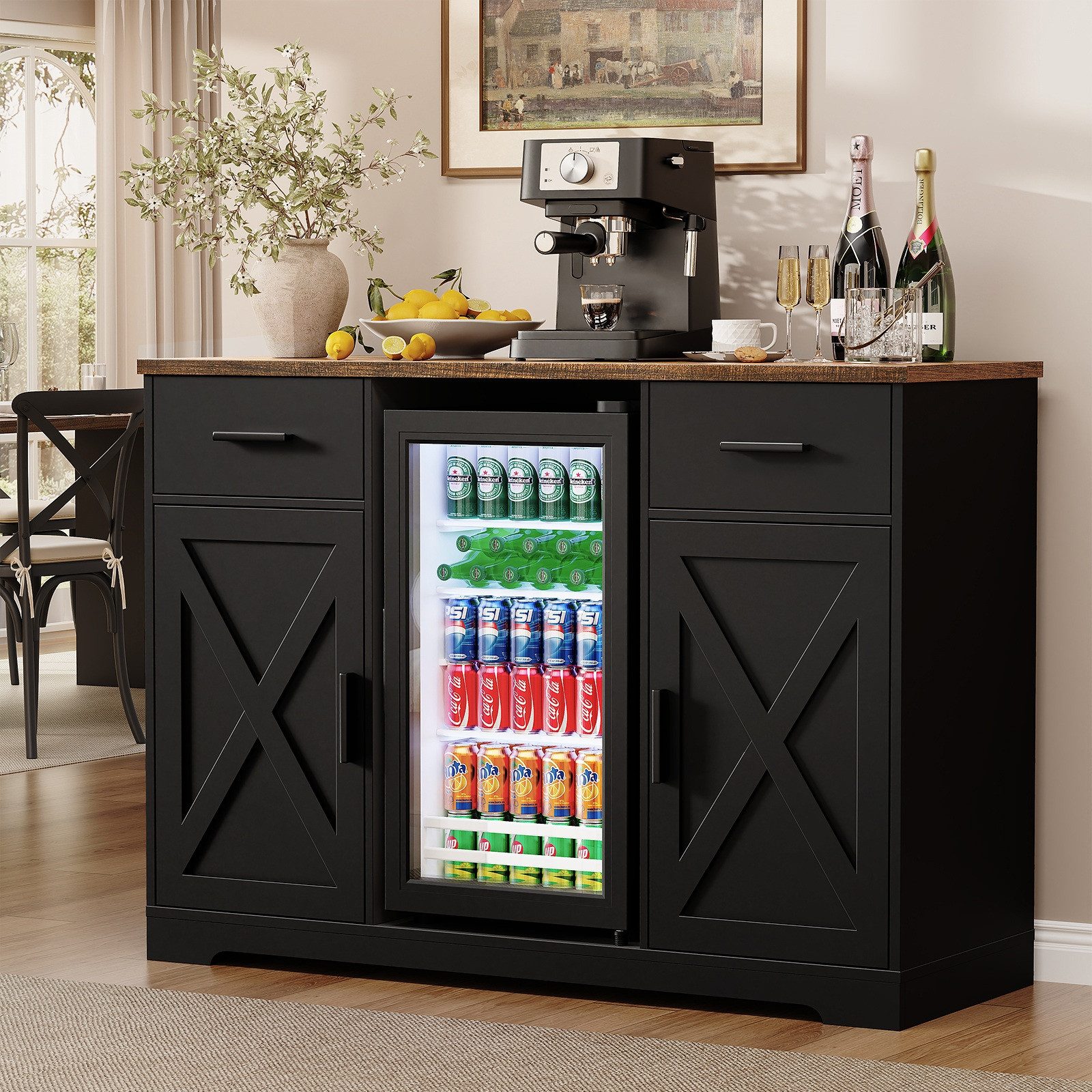 BROTTAR Kühlschrank Barschrank - Kaffeebar mit Kühlschrank, Weinregal und 2 Schubladen BC-925, 83.5 cm hoch, 120 cm breit, mit breiter Ablage, Schwarz