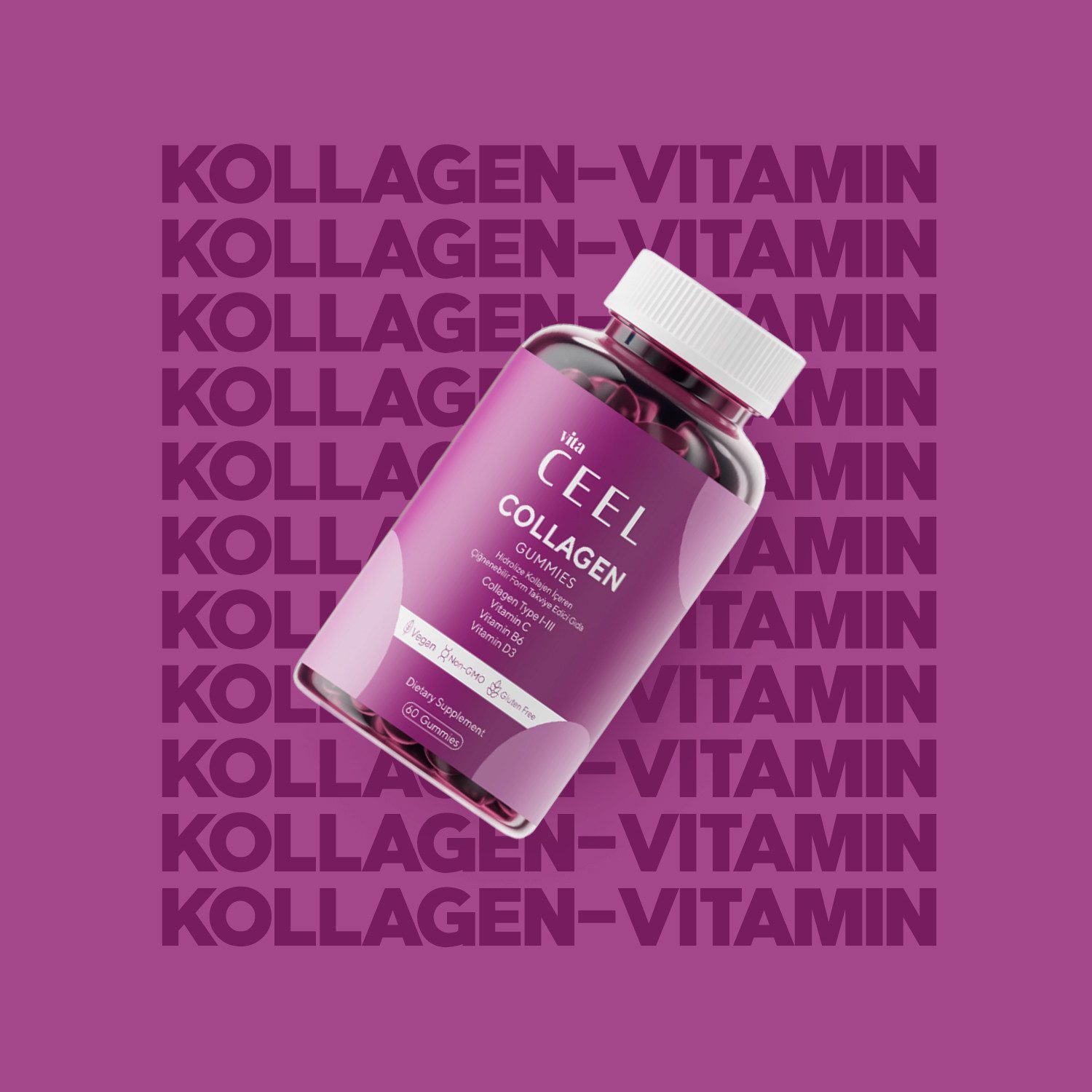 VİTA CEEL COLLAGEN TABLETTEN–Typ1–3 C, B6, D3 für gesundes Haar, strahlende Haut Kapseln, 240 g, Collagen Tabletten – Typ I & III, leicht einzunehmen, vegan