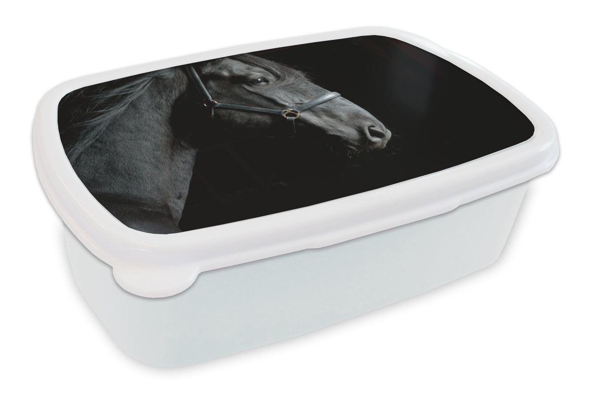 MuchoWow Lunchbox Pferd - Leicht - Schwarz, Kunststoff, (2-tlg), Brotbox für Kinder und Erwachsene, Brotdose, für Jungs und Mädchen weiß