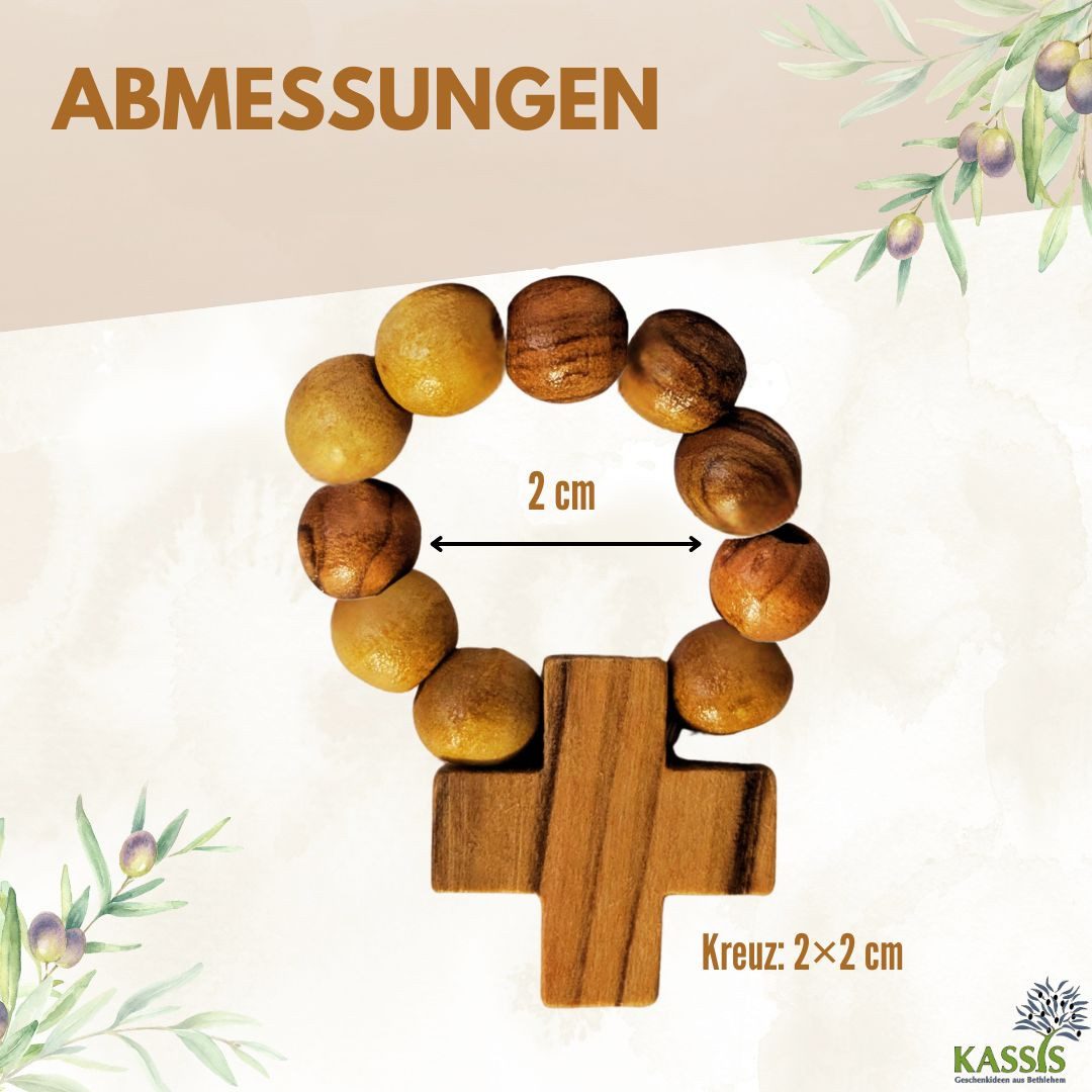 Kassis Geschenkartikel Fingerring Olivenholz Fingerrosenkranz mit Kreuz aus Bethlehem Talisman, Handgefertigt in Bethlehem, Geschenk zu Kommunion Taufe Firmung