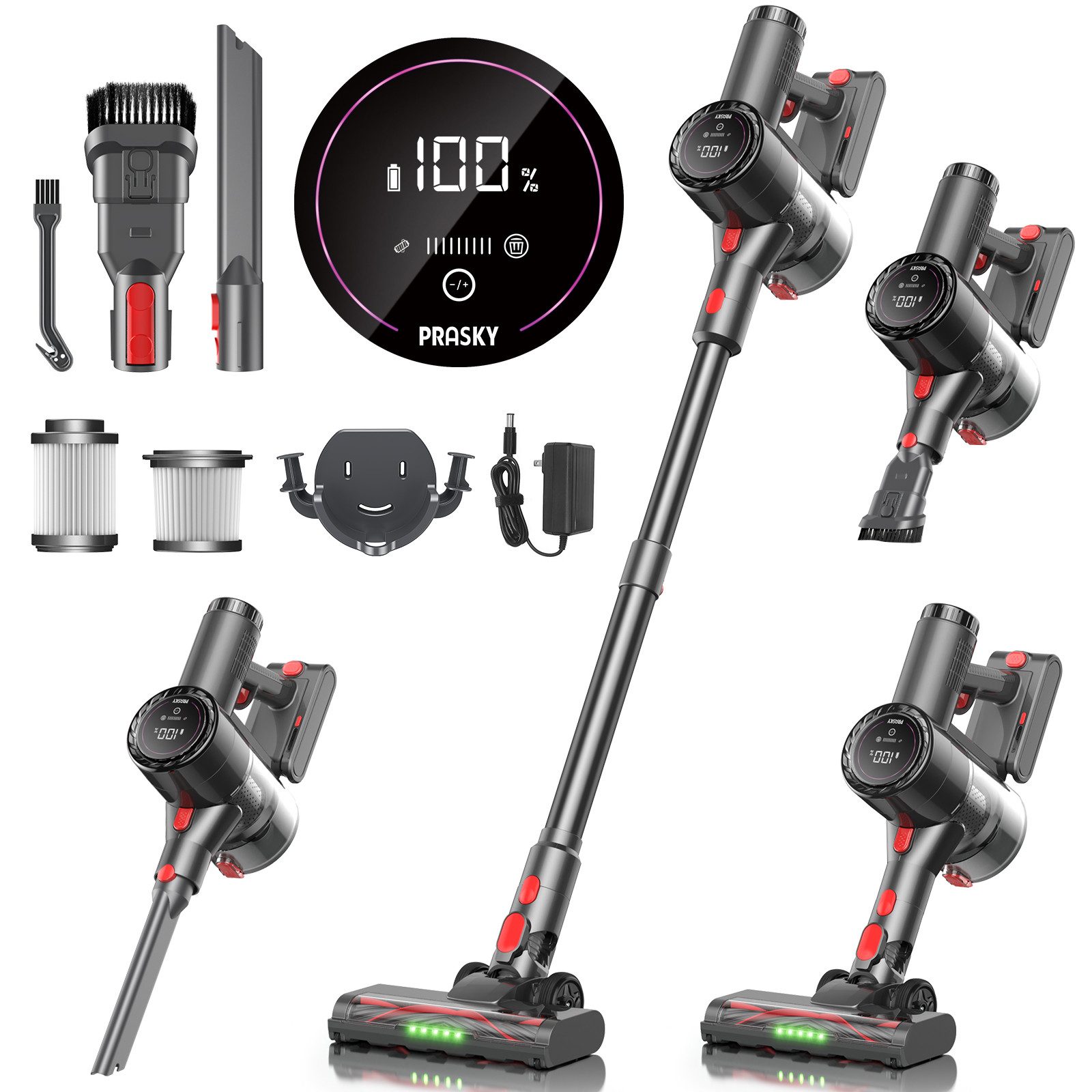 PRASKY Hand-und Stielstaubsauger Akku-Staubsauger 45 kPa, LED, freistehend, für Teppich & Hartboden, 550 W, mit Beutel, Geräuschpegel <70 dB(A)