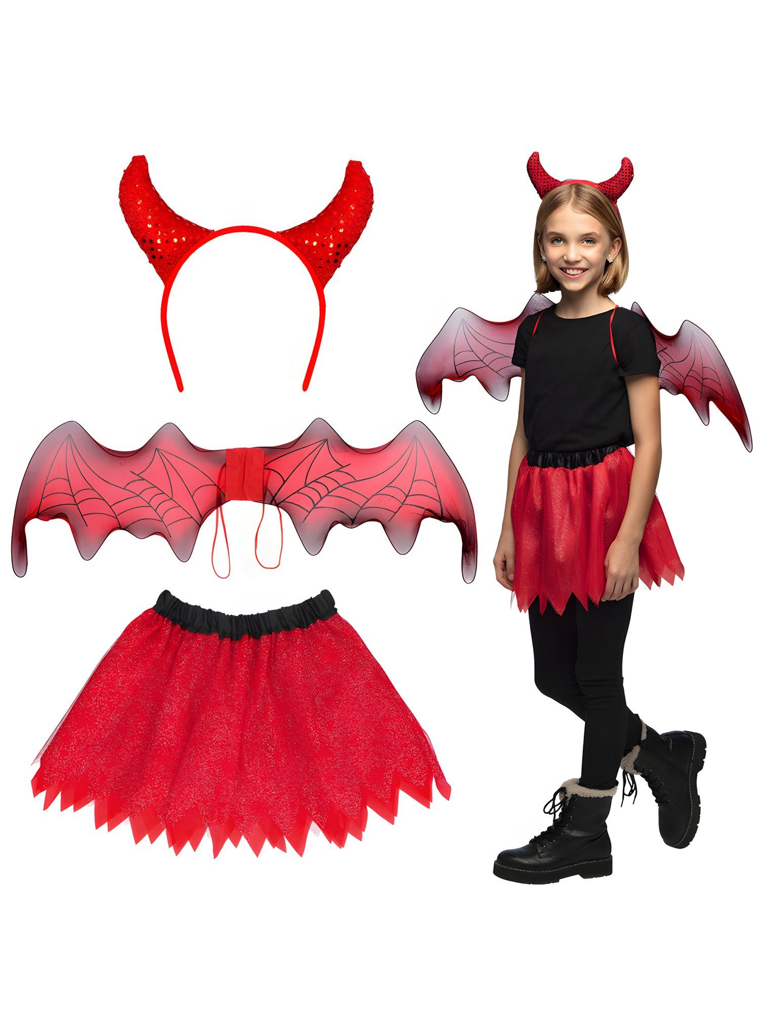 Metamorph Teufel-Kostüm Teufel Verkleidungs Set für Mädchen Hörner, Flügel, Dreiteiliges Teufelchen-Set mit Tutu und Flügeln für Mädchen