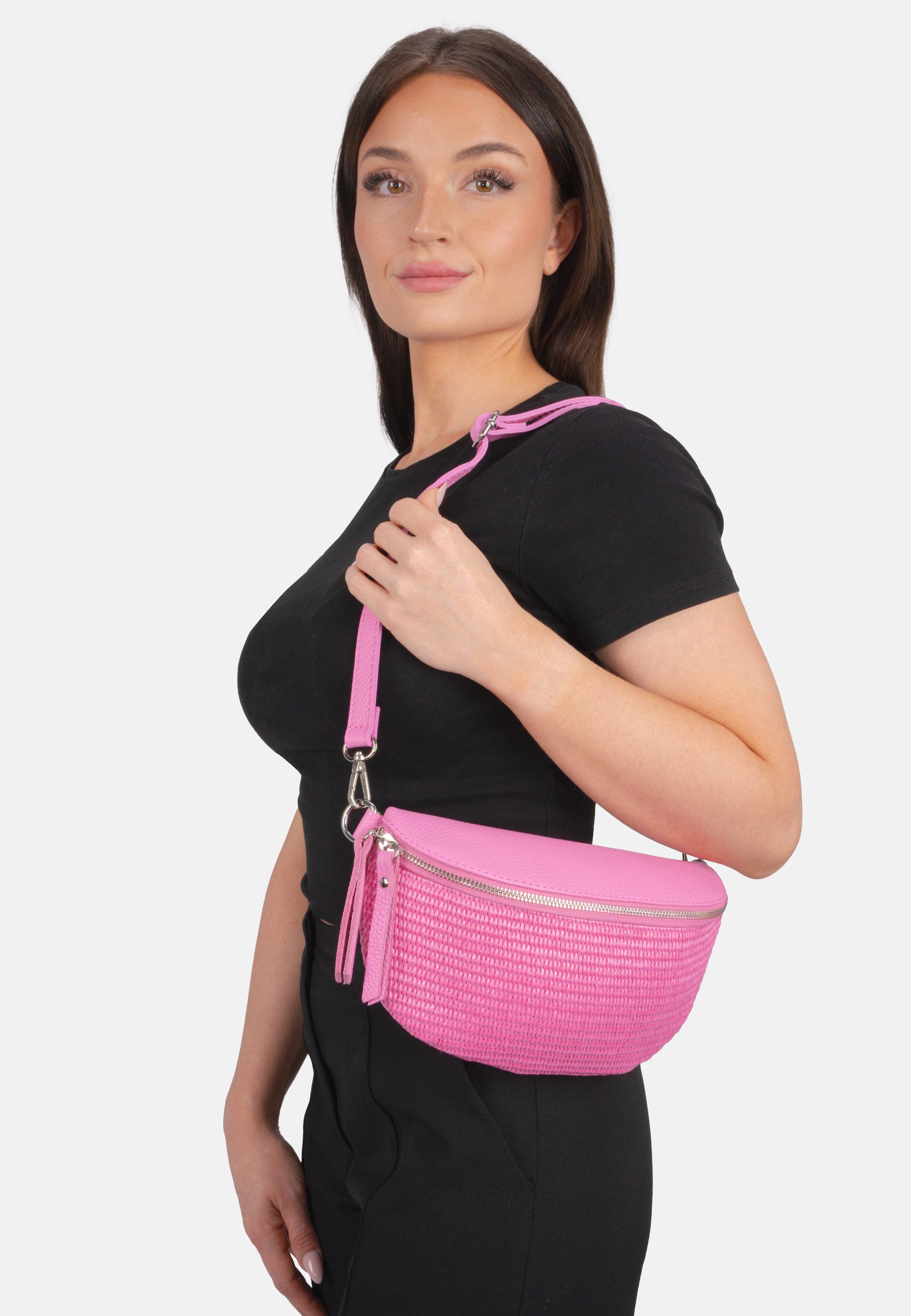 Seasons of April Gürteltasche JUNA CROSSBODY BAG SIZE M, Damen Raffia Ledertasche: Umhängetasche Gürteltasche, verstellbar