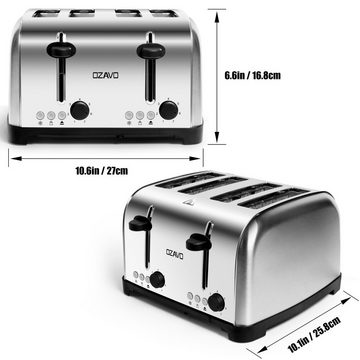 OZAVO Toaster OZ331 mit 7 Bräunungsstufen, Zentrierfunktion, 4 kurze Schlitze, 1700 W, Brötchenaufsatz Abnehmbarer Krümelschublade Edelstahlgehäuse