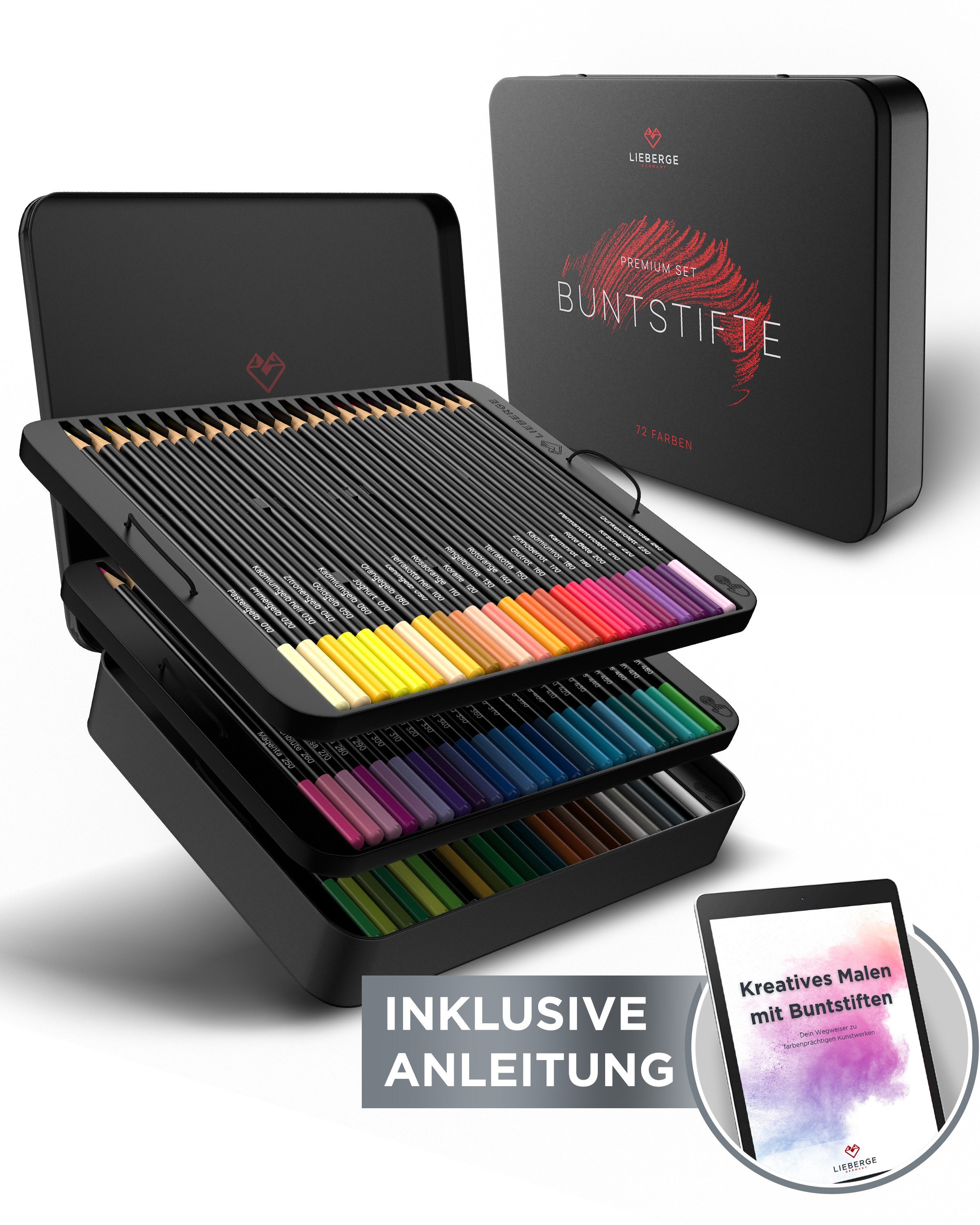 LIEBERGE Buntstift Premium Set 72 Farben in Metallschatulle, (Set, 72-tlg., 72 Buntstifte in Metallschatulle), 72 intensive abgestimmte Farben, weiche bruchsichere Mine
