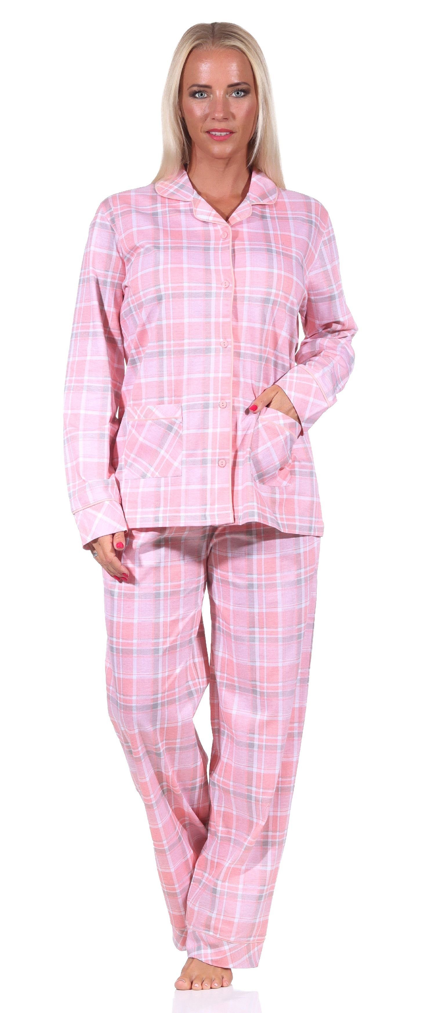 Normann Pyjama Damen Qualität Single Karopotik in Jersey langarm Schlafanzug rosa in