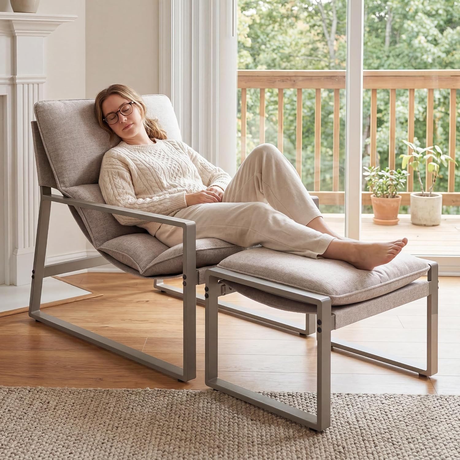 GOTLAND Sessel Moderner Akzent Sessel mit Hocker, Textilene-Stoff Lounge Sessel (für Wohnzimmer, Schlafzimmer, Büro, 2-St), mit Metallrahmen, Mid-Century Armlehnstuh
