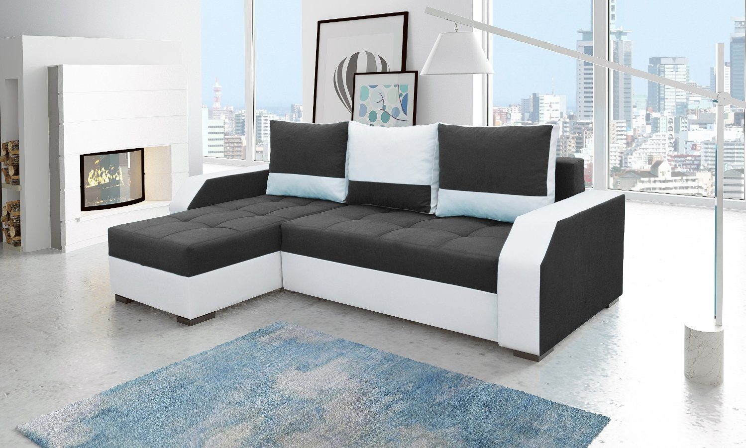 JVmoebel Ecksofa, Design Ecksofa Bettfunktion Couch Leder Textil Polster Sofas Couchen Schwarz / Weiß | Ecksofas