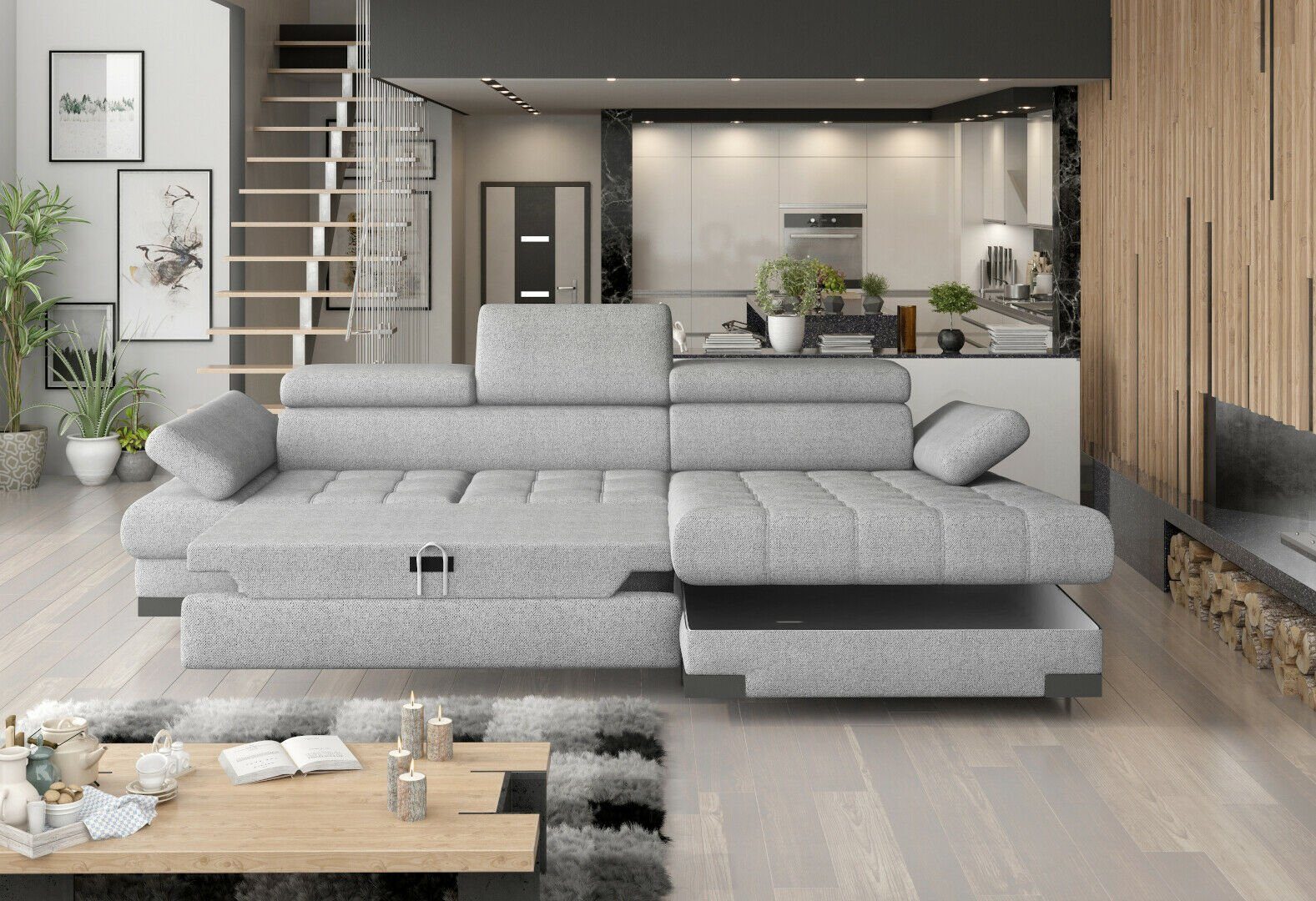 JVmoebel Ecksofa, Design Ecksofa Bettfunktion Sofa Textil Leder L-form Couch