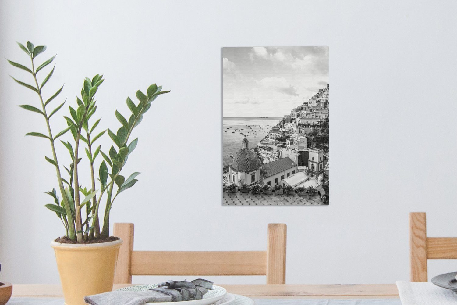 OneMillionCanvasses® Leinwandbild Das Dorf - an der bespannt Positano inkl. weiß, Zackenaufhänger, (1 Leinwandbild cm Amalfiküste fertig 20x30 St), schwarz in Gemälde, Süditalien und