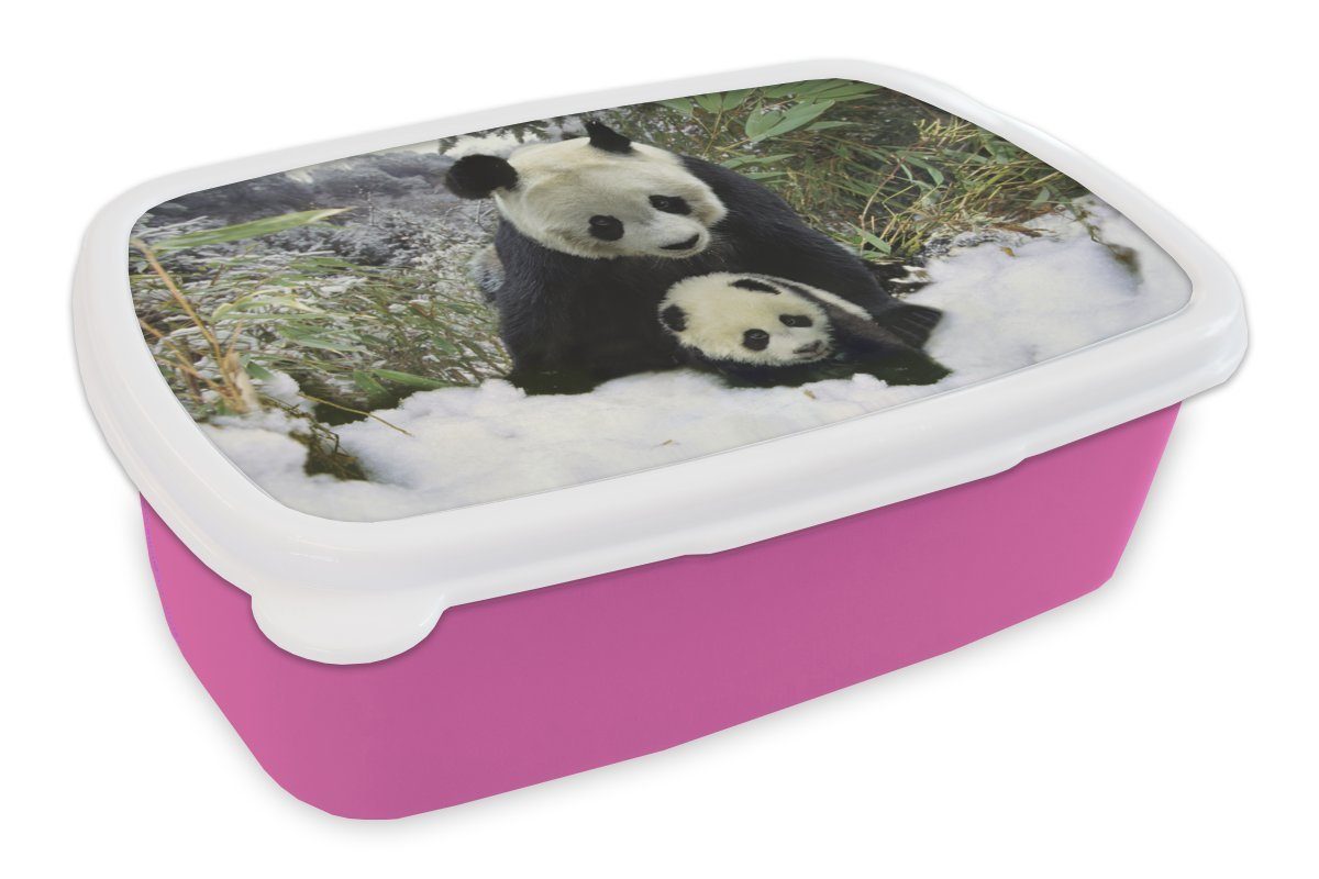 MuchoWow Lunchbox Panda - Jungtier - Schnee, Kunststoff, (2-tlg), Brotbox für Erwachsene, Brotdose Kinder, Snackbox, Mädchen, Kunststoff rosa
