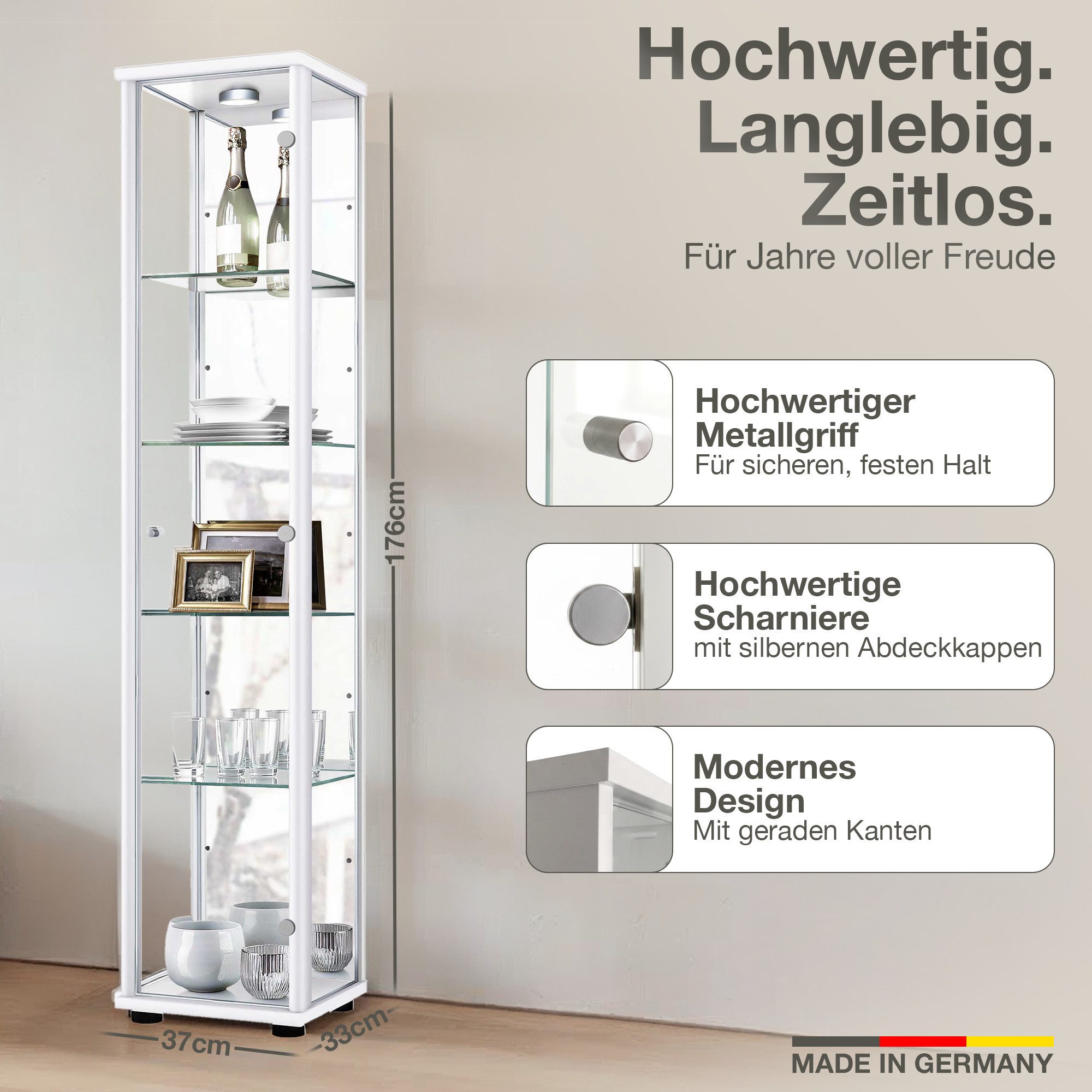 K-Möbel Glasvitrine C1016 (Glasvitrine (176x37x33 cm) mit 1 Glastür) Glasvitrine stehend