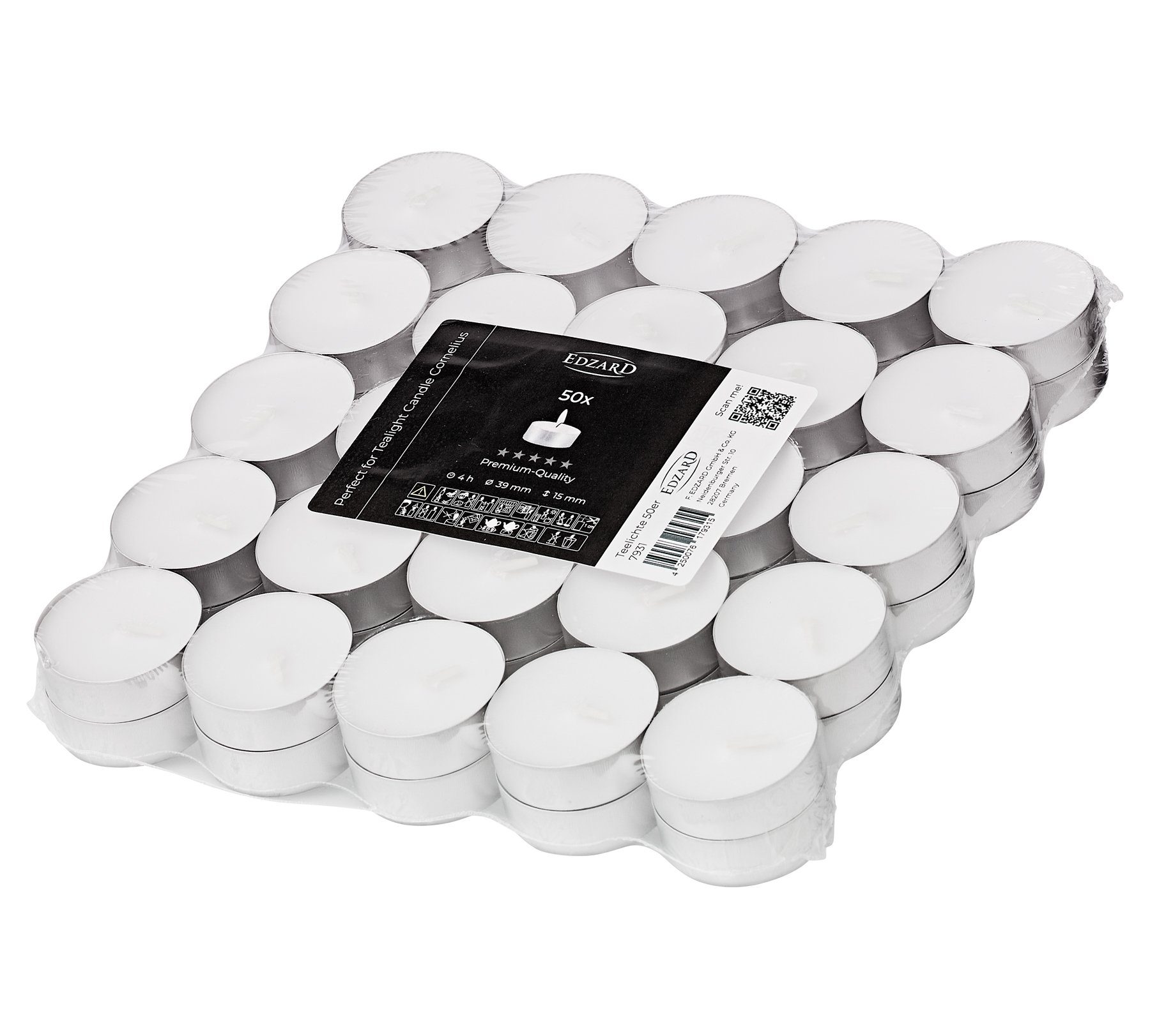 EDZARD Teelicht Teelichter 50 Stück (Set), Kerzen-Set aus Premium Wachs mit Alu-Cup, Wachskerze ohne Duft