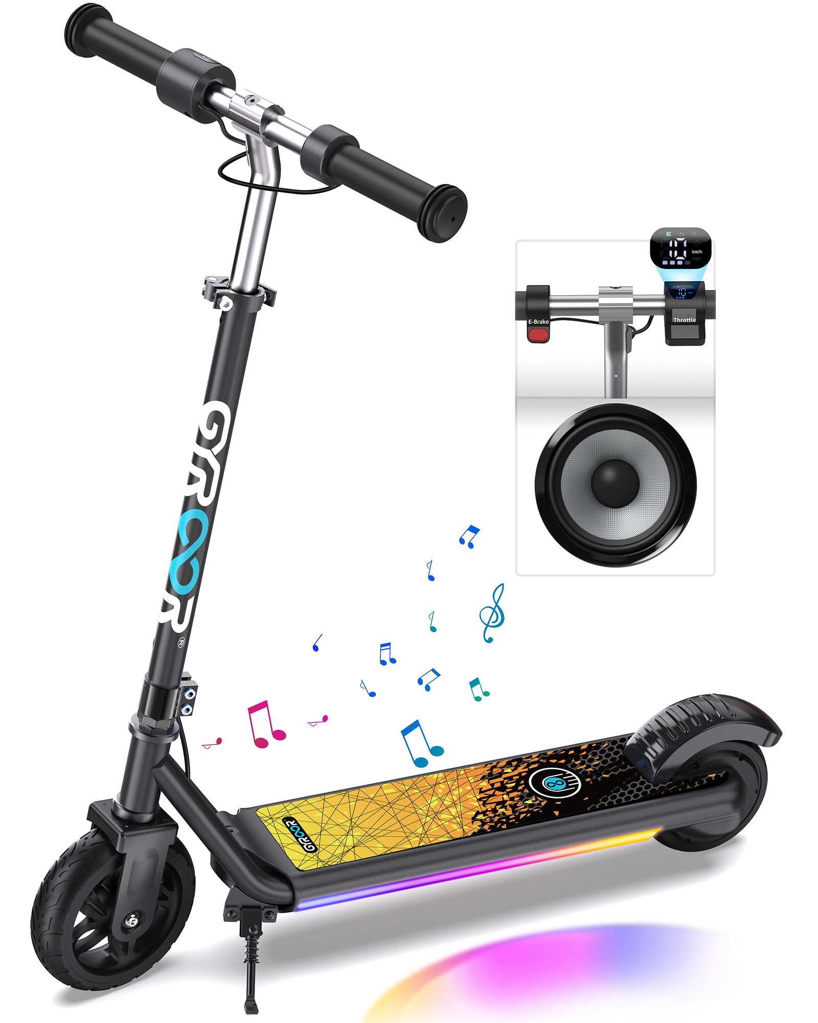 Gyroor Elektro-Kinderroller H30 MAX mit LED-Regenbogenlicht für Kinder 6-12 Jahre, (1-tlg), Bluetooth Lautsprecher, 3 Stufen Höhenverstellung, Doppelbremssystem