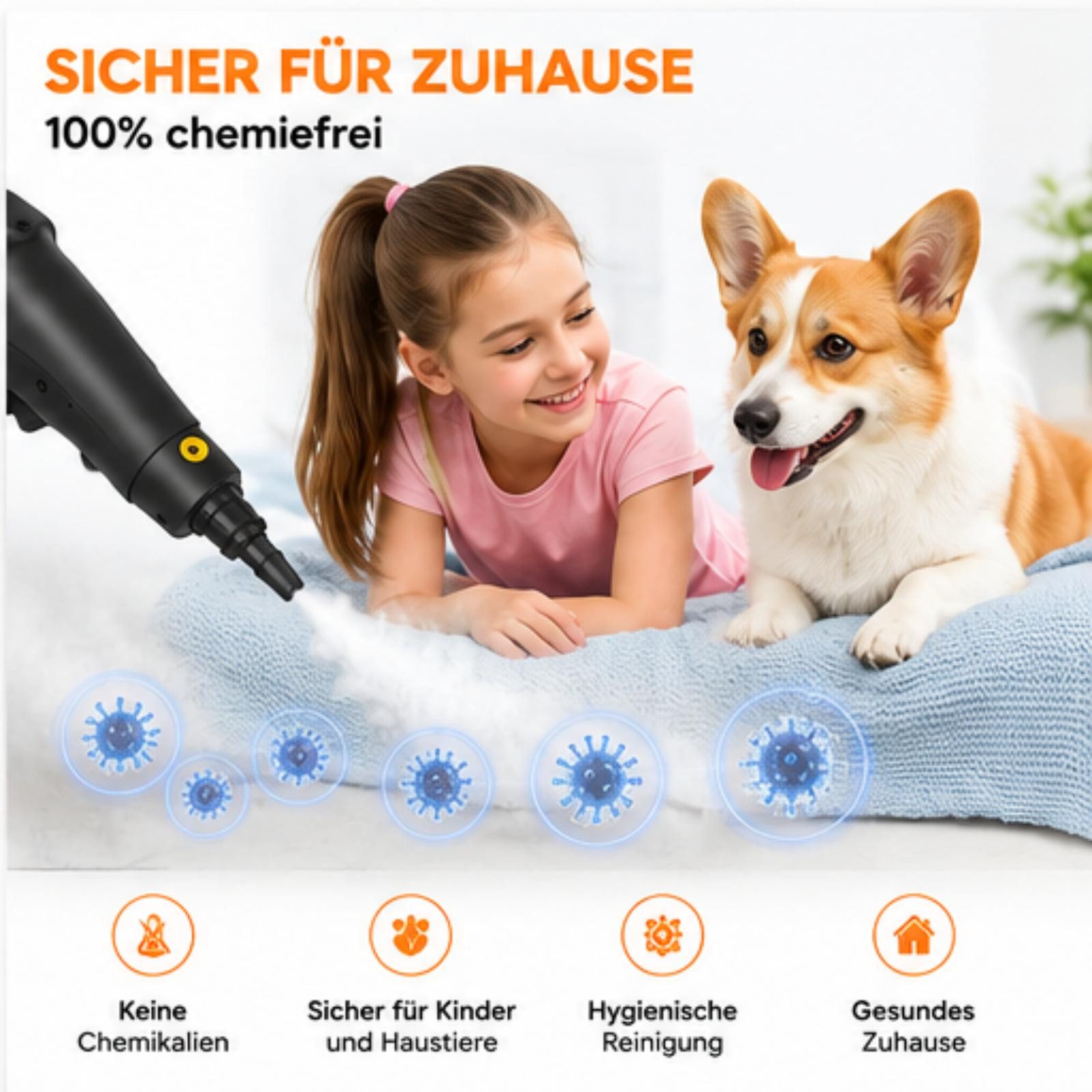 AIBISTAR Dampfreiniger Hand-Dampfreiniger 2500W, 1,2L, 10s Aufheizung, Küchenreiniger, 2500 W, Handdampfreiniger Ideal für Boden, Küche, Bad, Fenster & Auto