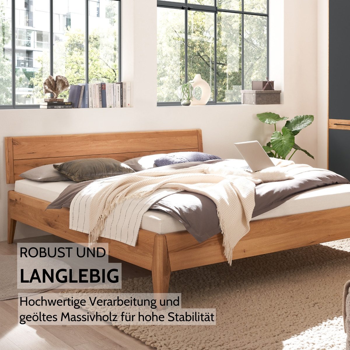 Liadomo Massivholzbett Grigor, Massivholzbett, Bett, Doppelbett, Bettgestell, 180 x 200 cm, Rahmen und Kopfteil aus Wildeiche massiv geölt