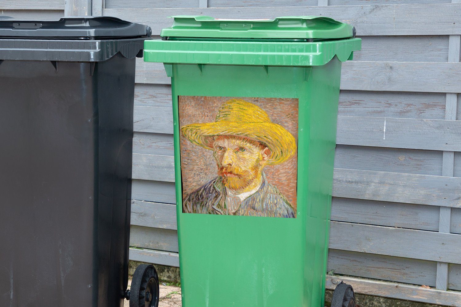 Sticker, St), Vincent Wandsticker Mülleimer-aufkleber, Selbstbildnis van Abfalbehälter MuchoWow mit Mülltonne, Strohhut Gogh Container, (1 -