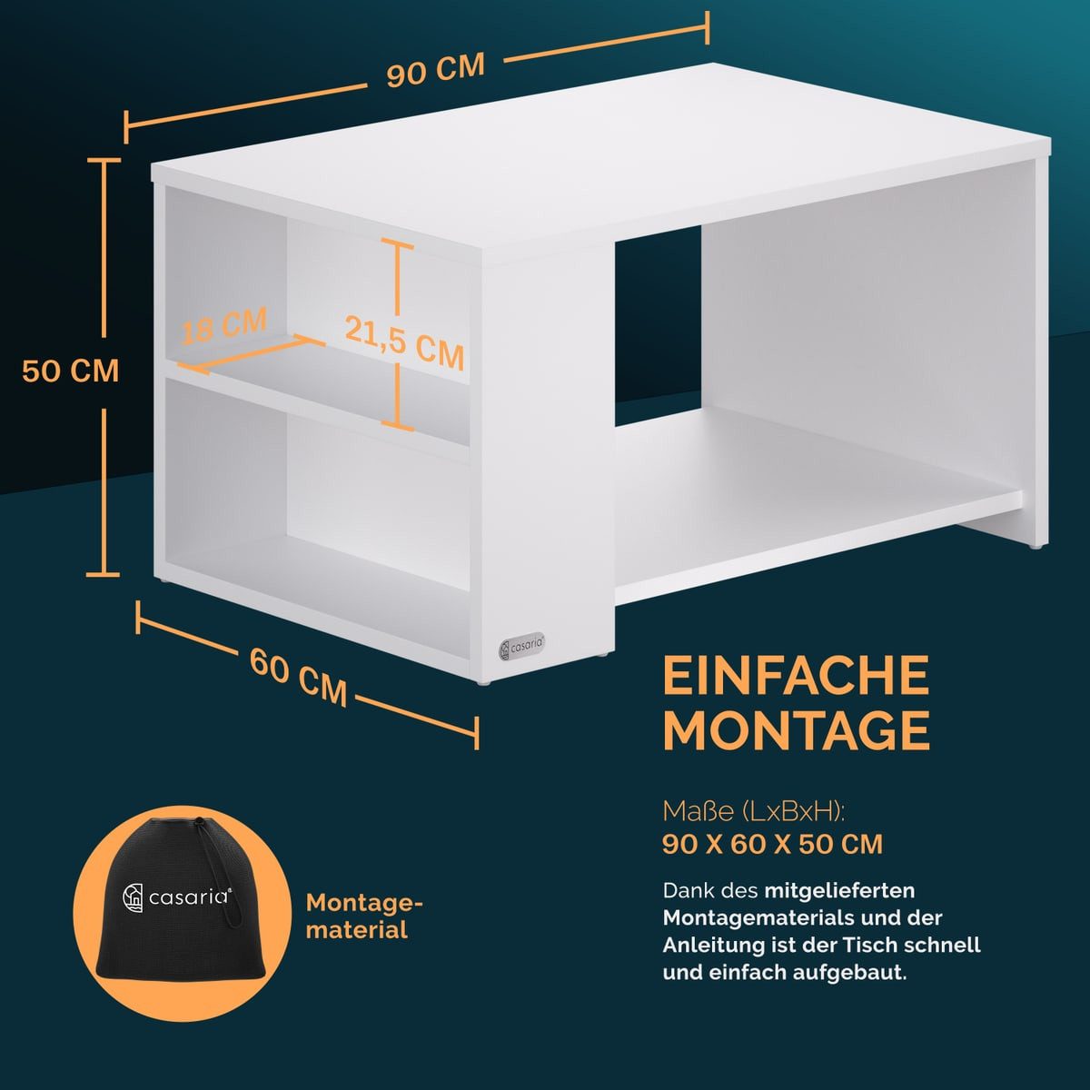 Casaria Couchtisch Santa Cruz, mit Stauraum Holz Weiß Wohnzimmertisch 90x60x50cm Groß Ablage Eckig – Bild 4 von 5