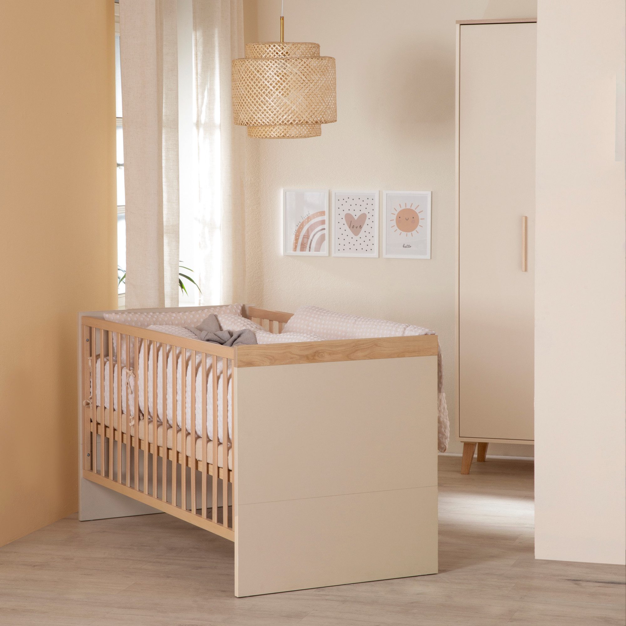roba® Jil Baby Room Complete Set - Modern children's room in cashmere with chestnut decor, (3-piece set, cot 70 x 140 cm, wardrobe & changing table), High-quality solid wood handles
